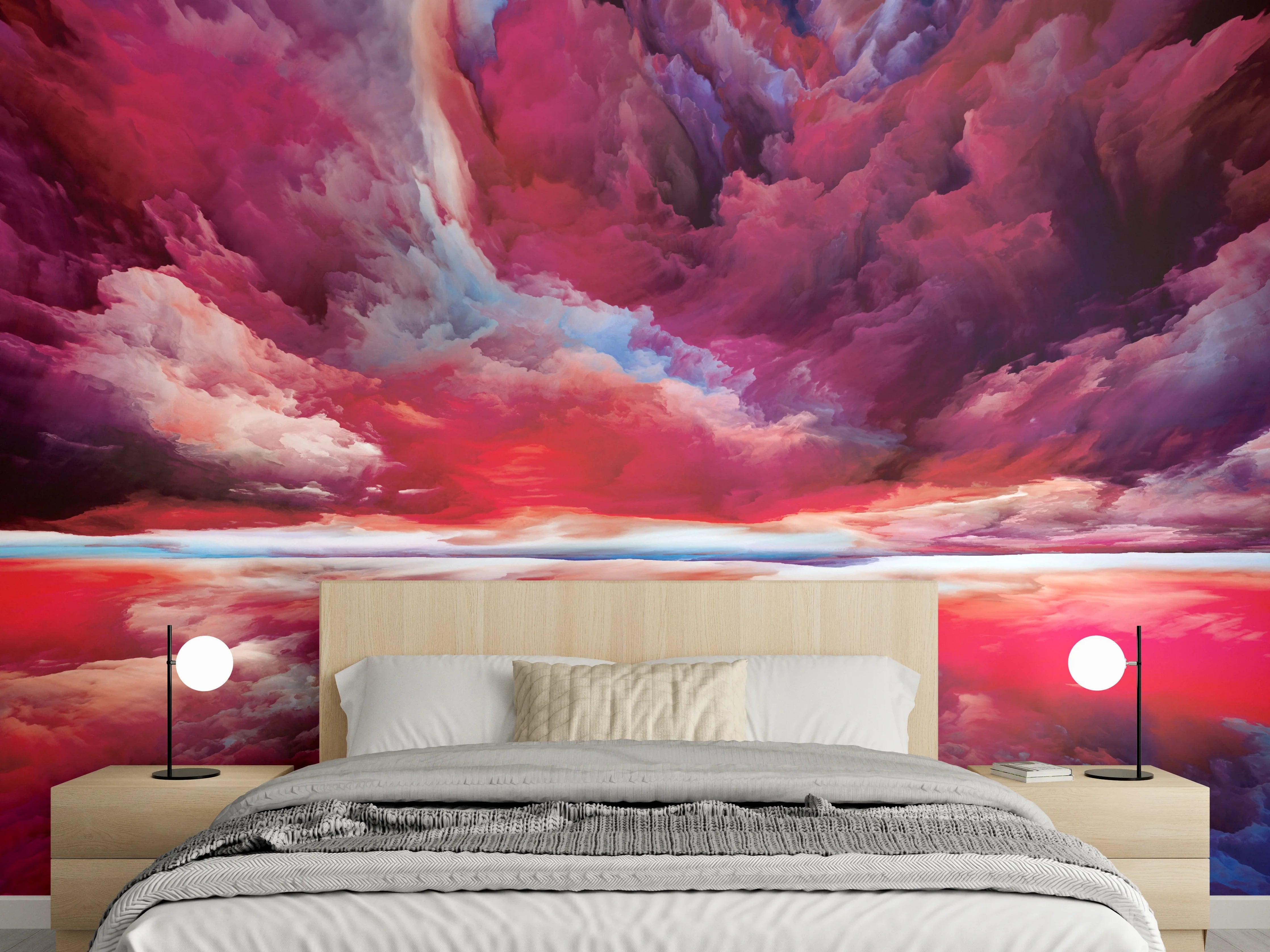 Wandverkleidung Schlafzimmer - Abstraktes Himmelsmeer in Pink und Rot