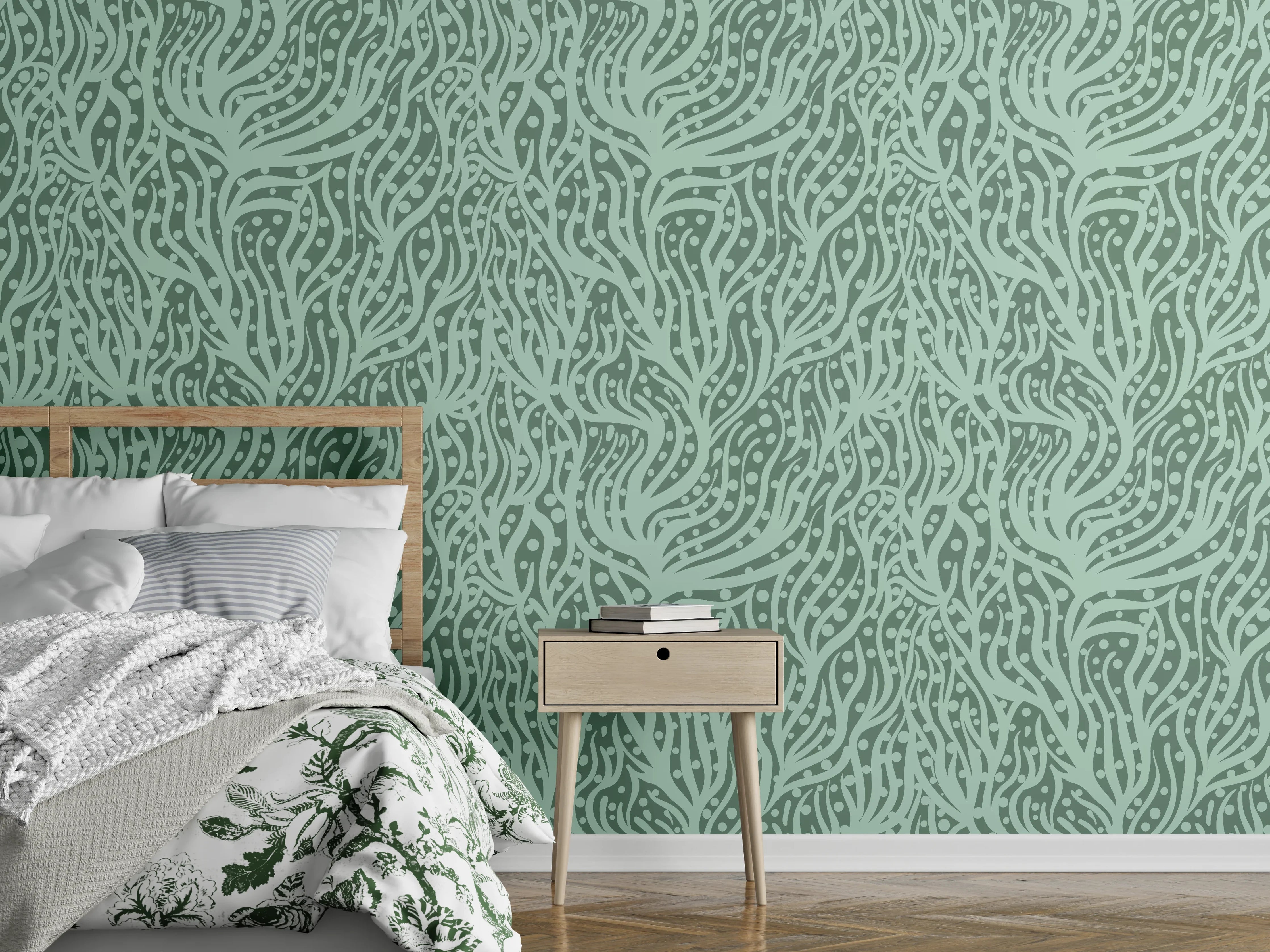 Wandverkleidung Schlafzimmer - Abstraktes Korallenmuster Grün-Türkis