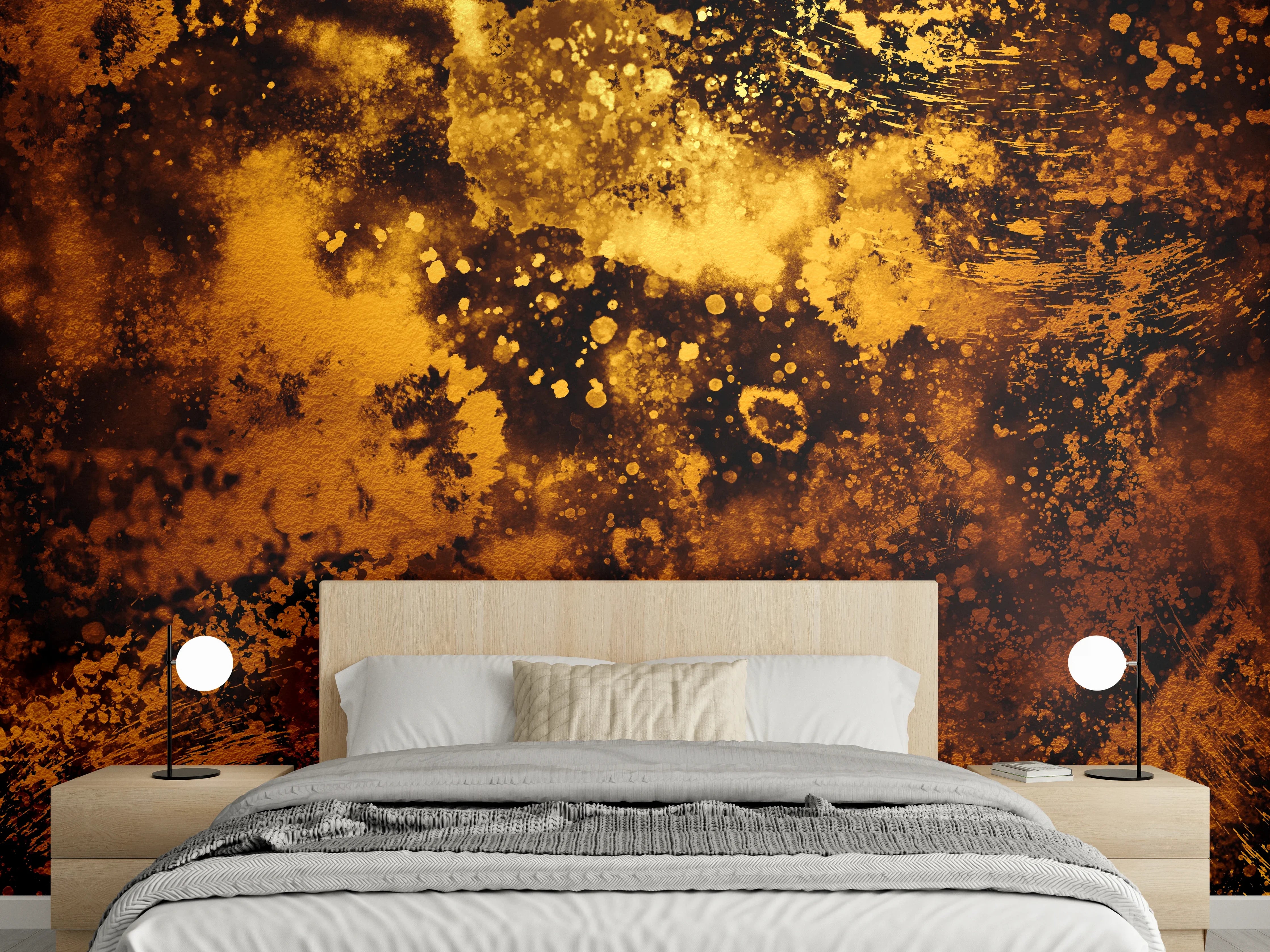 Wandverkleidung Schlafzimmer - Abstraktes Kunstwerk in goldenen Farbtönen