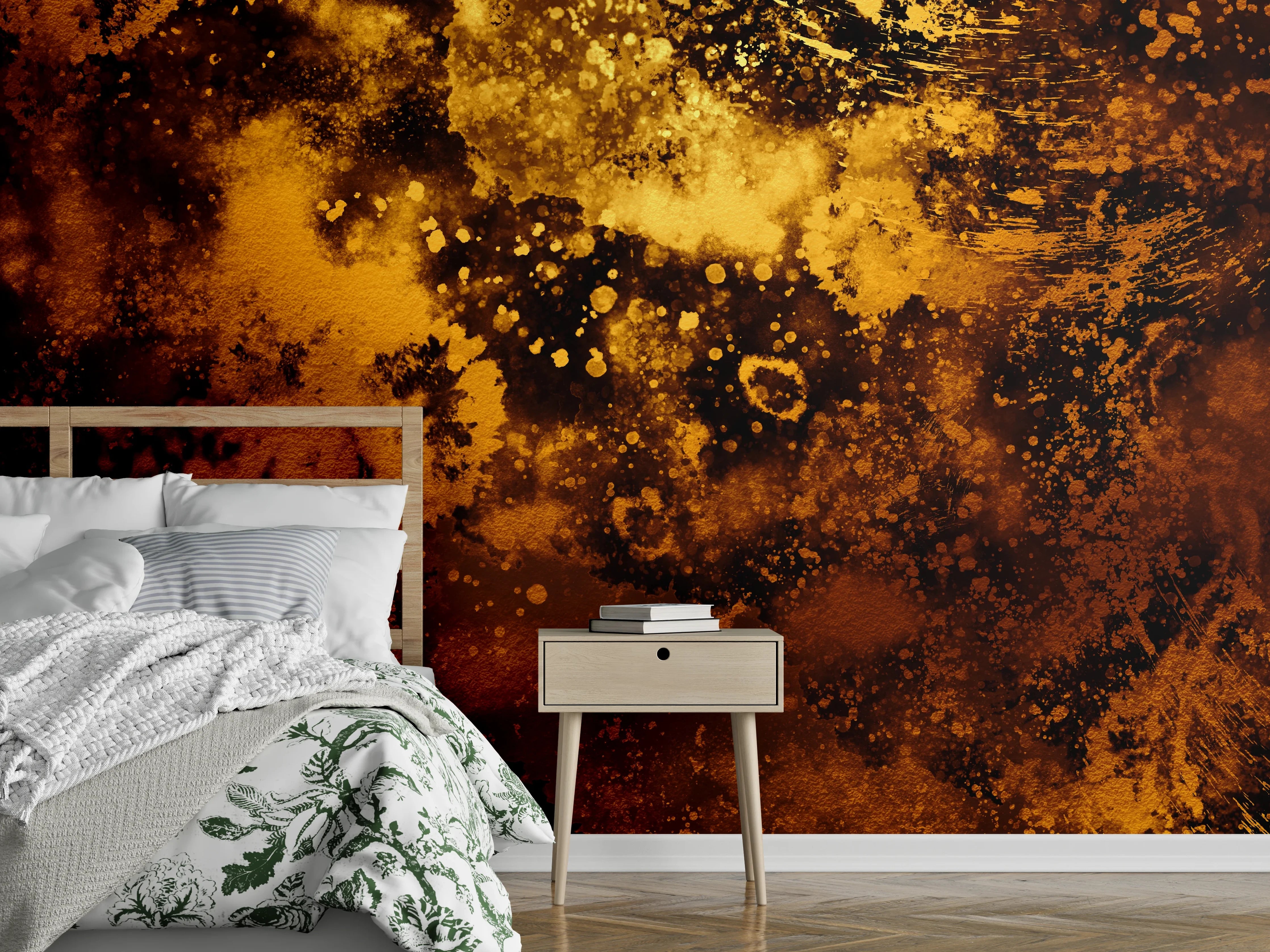 Wandverkleidung Schlafzimmer - Abstraktes Kunstwerk in goldenen Farbtönen