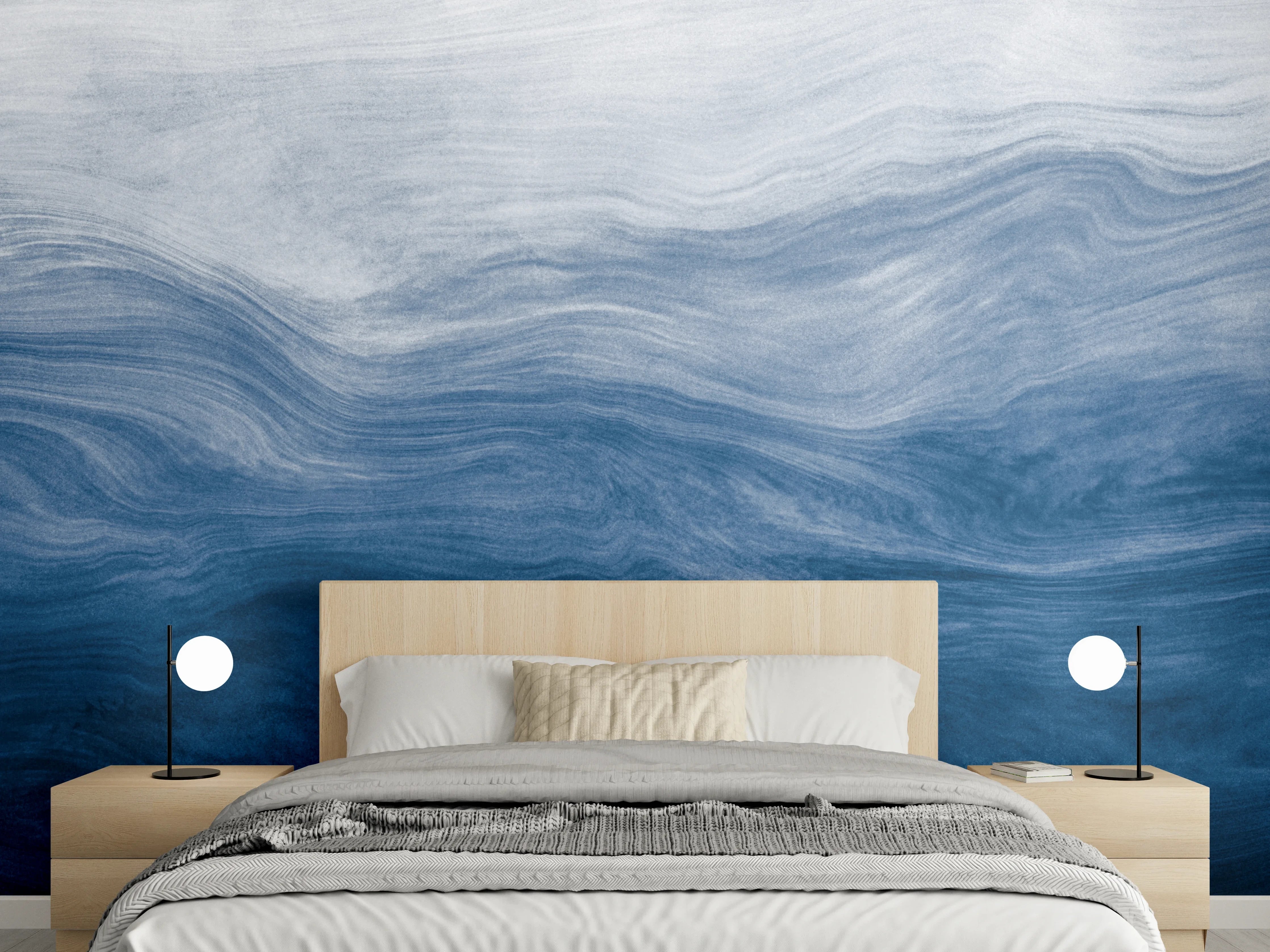 Wandverkleidung Schlafzimmer - Abstraktes Ozean-Wellen-Aquarell Blau Weiß