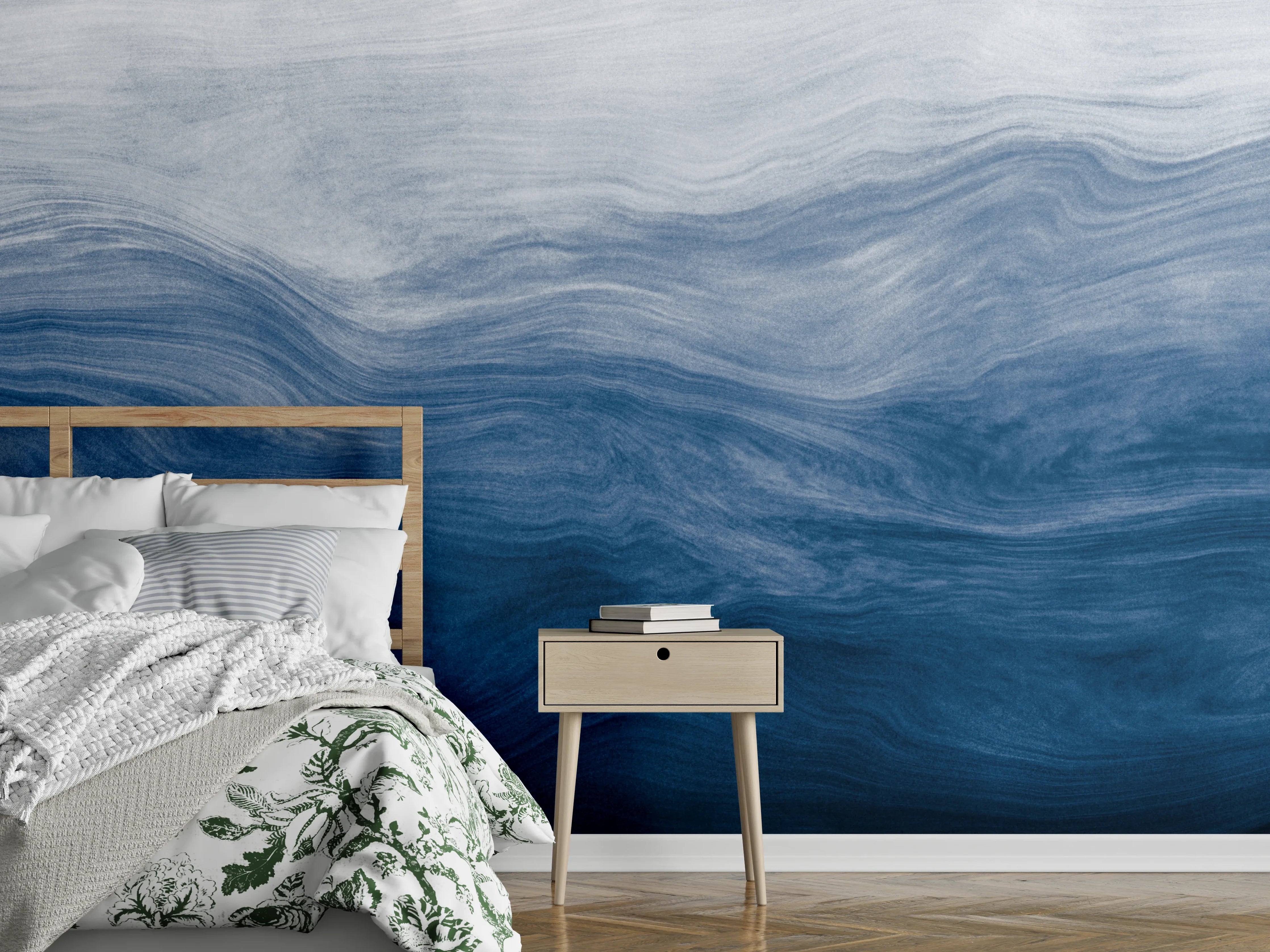 Wandverkleidung Schlafzimmer - Abstraktes Ozean-Wellen-Aquarell Blau Weiß