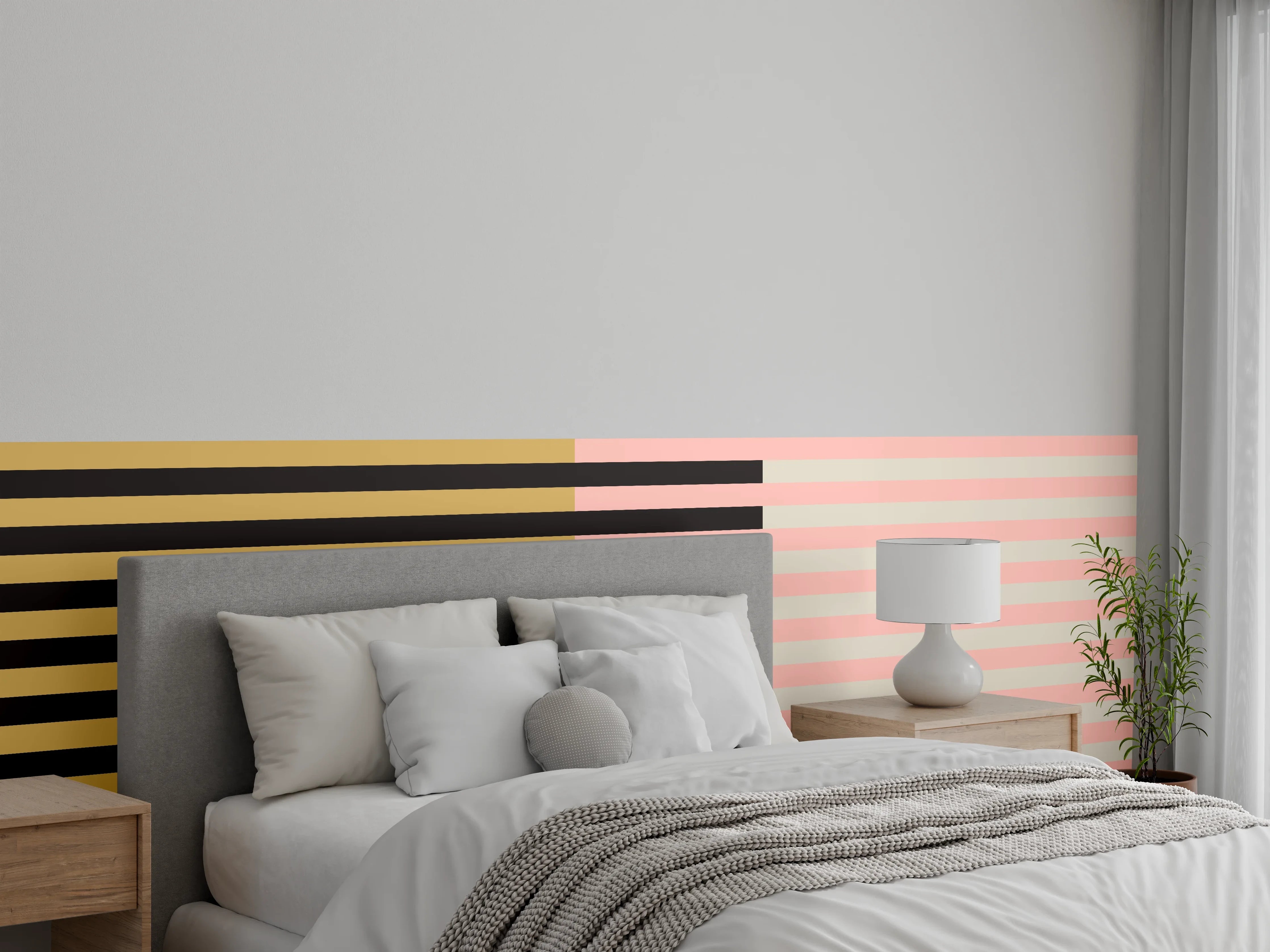 Wandverkleidung Schlafzimmer - Abstraktes Retro-Streifenmuster Pastell & Gold