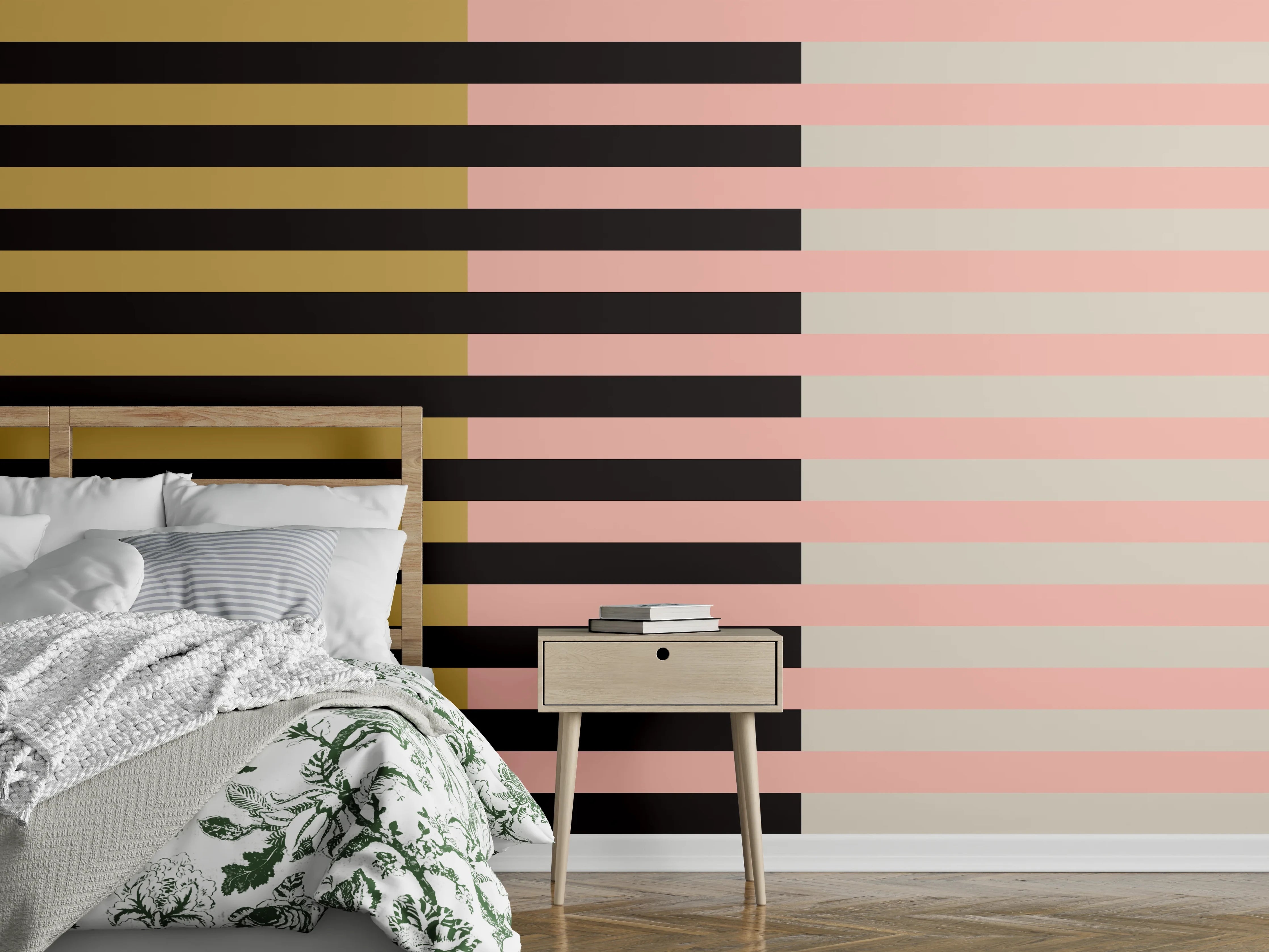 Wandverkleidung Schlafzimmer - Abstraktes Retro-Streifenmuster Pastell & Gold