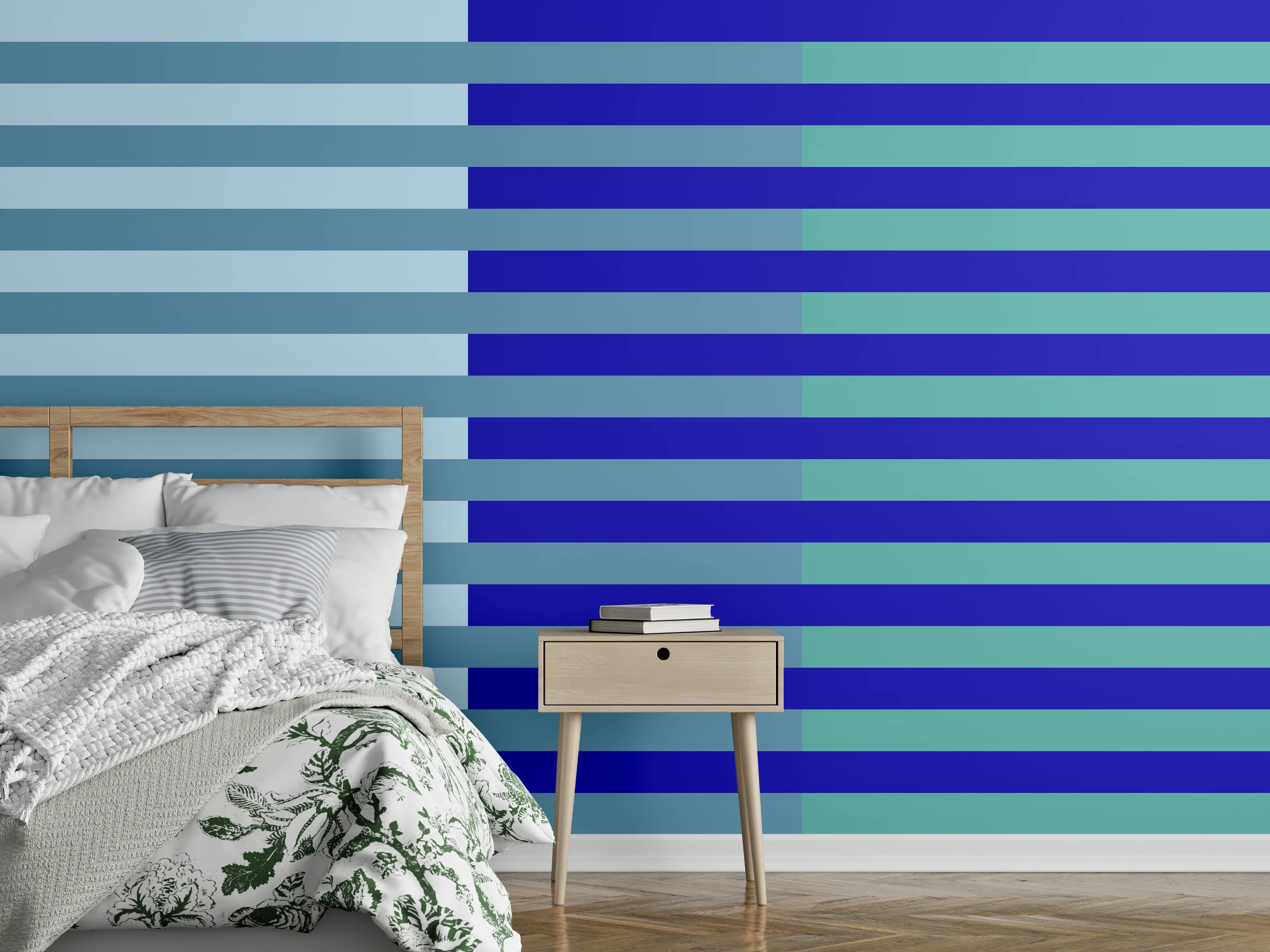 Wandverkleidung Schlafzimmer - Abstraktes Streifenmuster Blau Grün