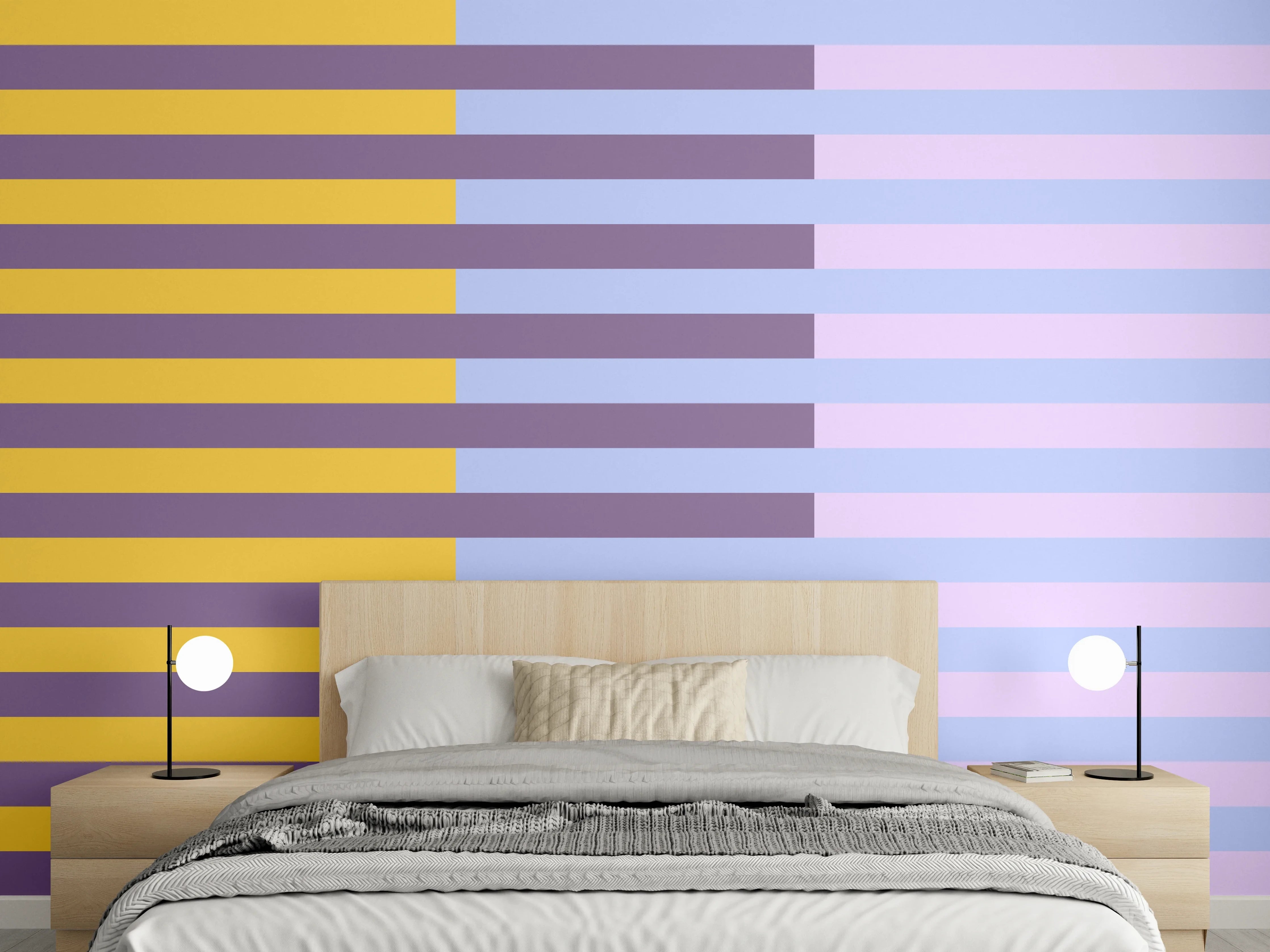 Wandverkleidung Schlafzimmer - Abstraktes Streifenmuster Gelb Lila Blau