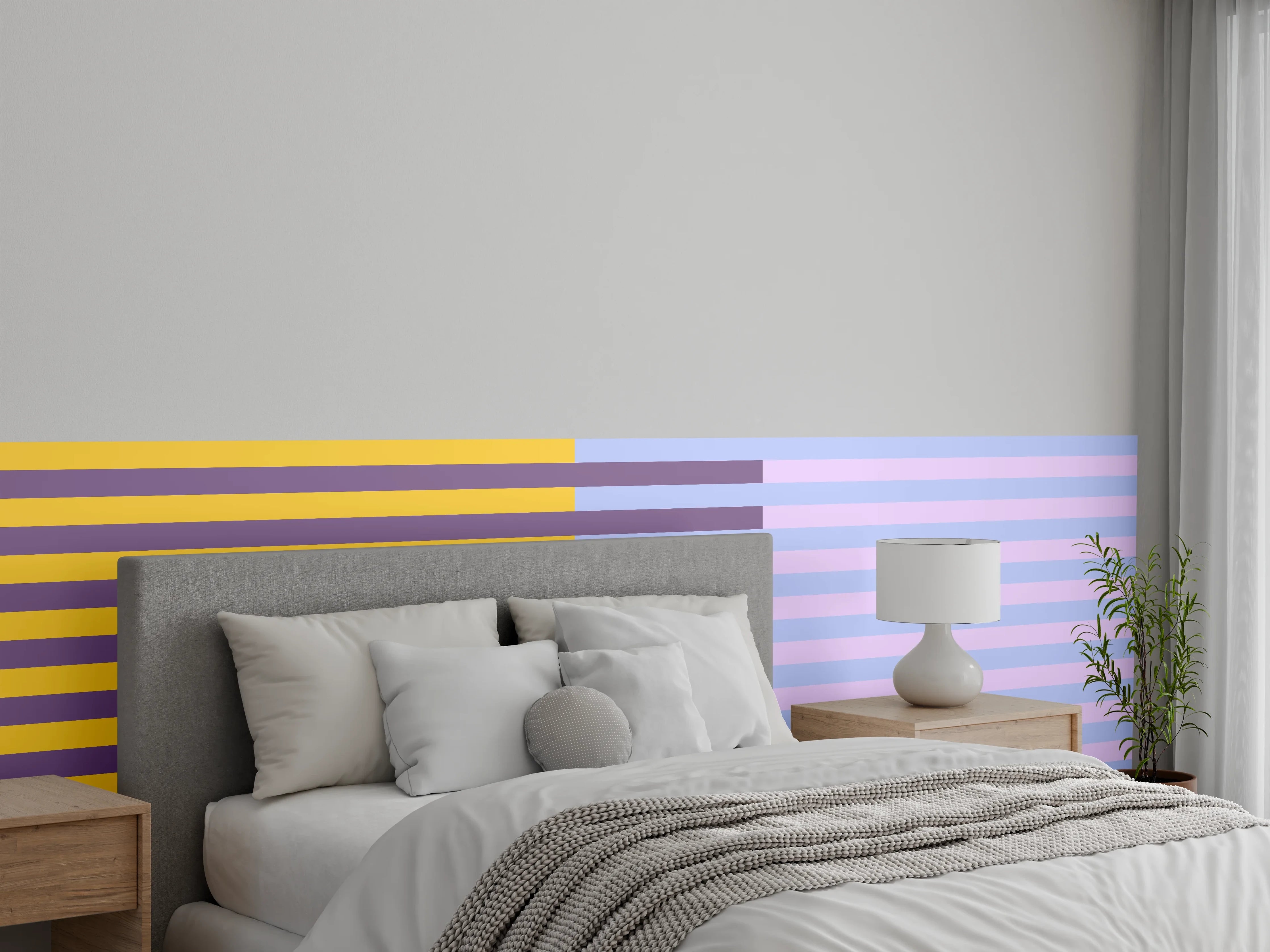 Wandverkleidung Schlafzimmer - Abstraktes Streifenmuster Gelb Lila Blau