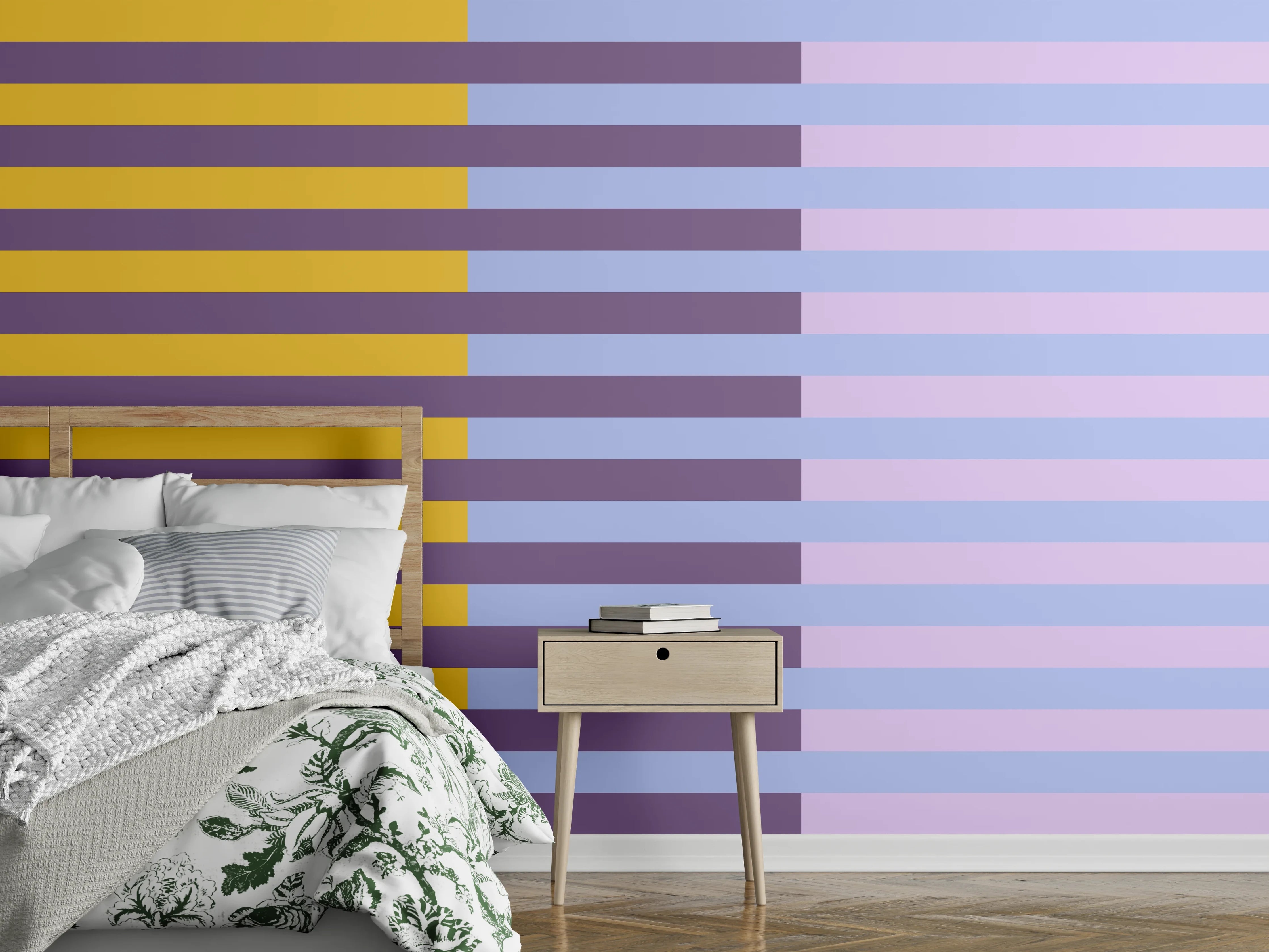 Wandverkleidung Schlafzimmer - Abstraktes Streifenmuster Gelb Lila Blau