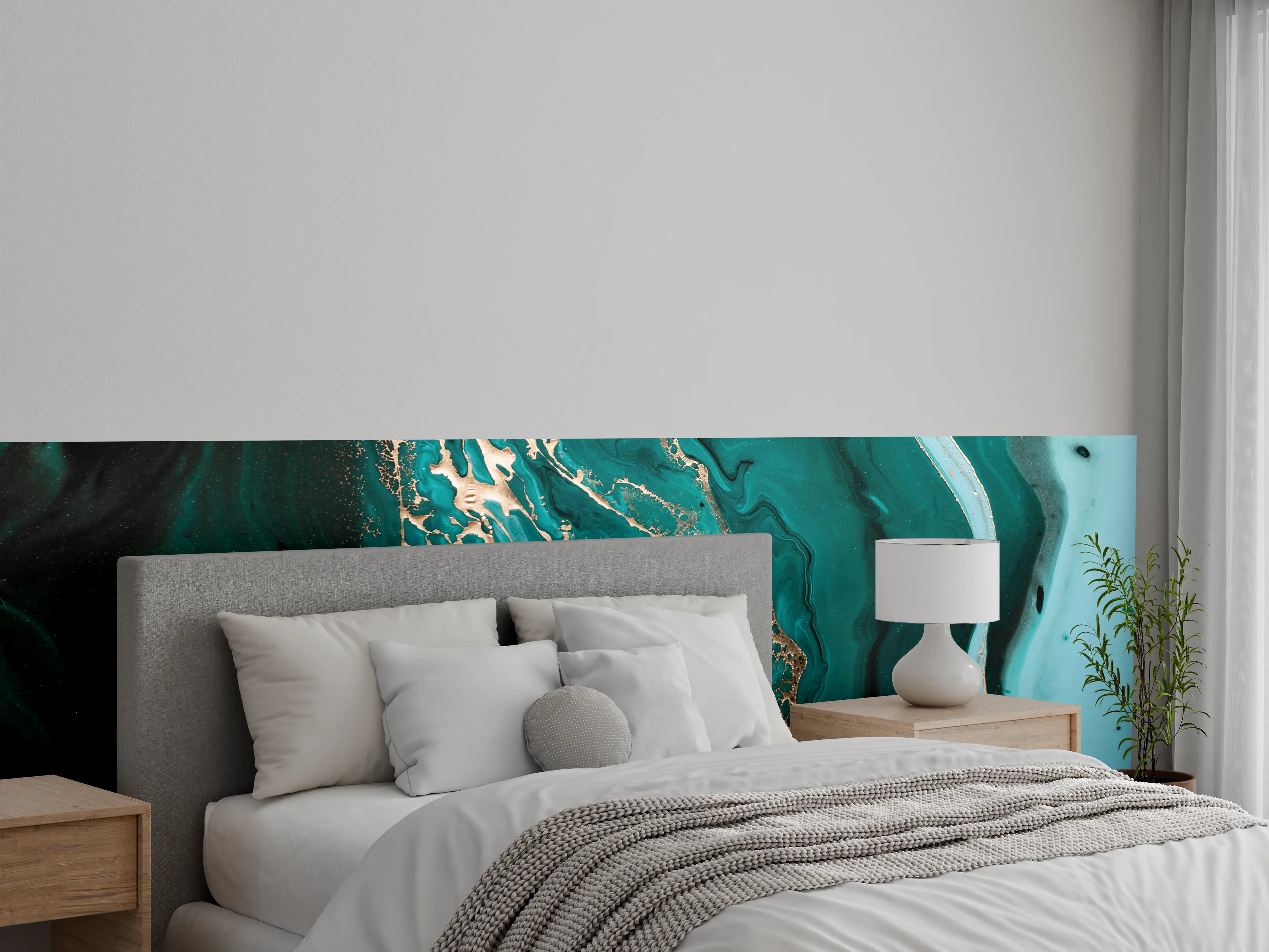 Wandverkleidung Schlafzimmer - Abstraktes Türkis-Gold Wandbild