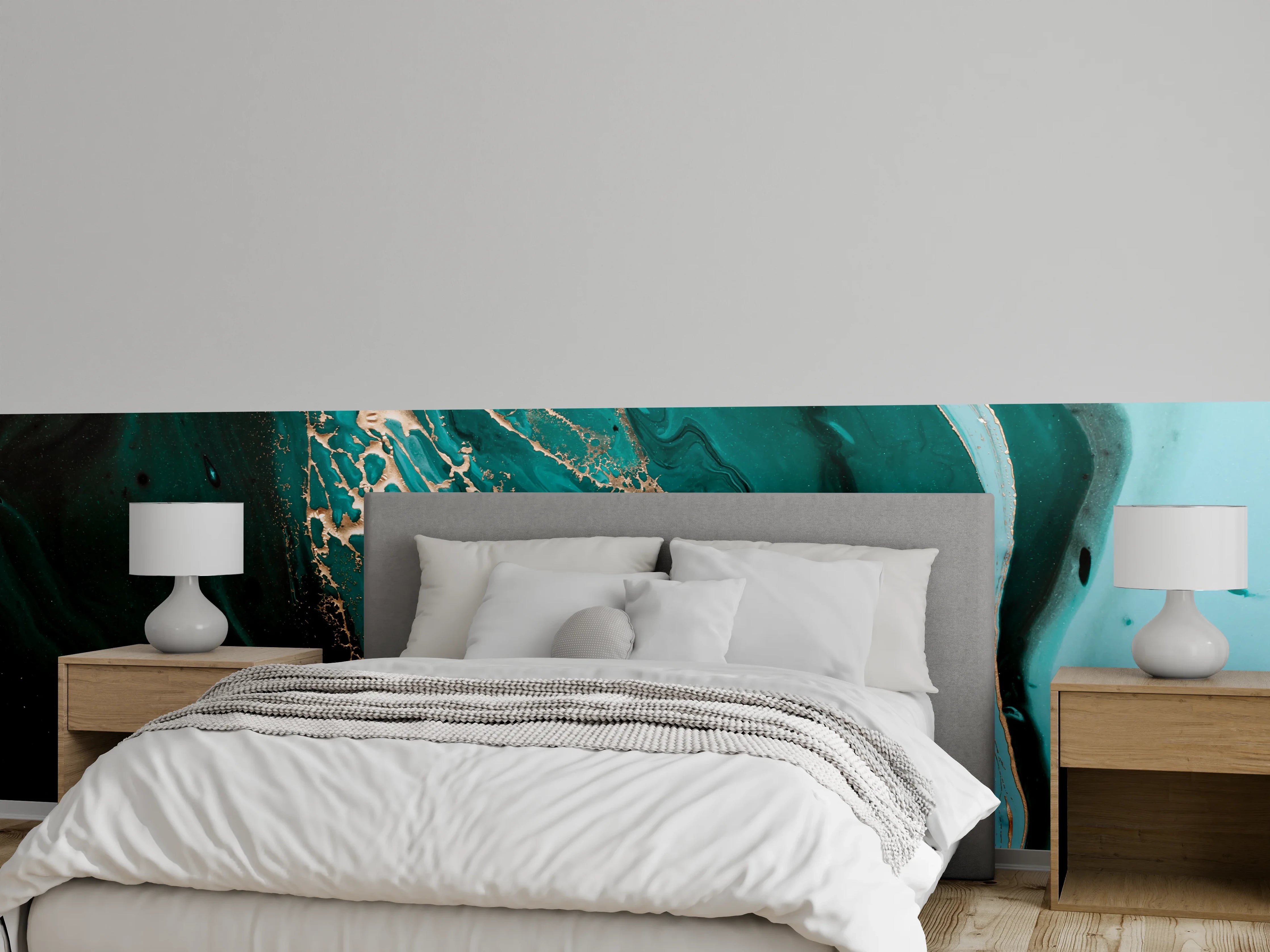 Wandverkleidung Schlafzimmer - Abstraktes Türkis-Gold Wandbild
