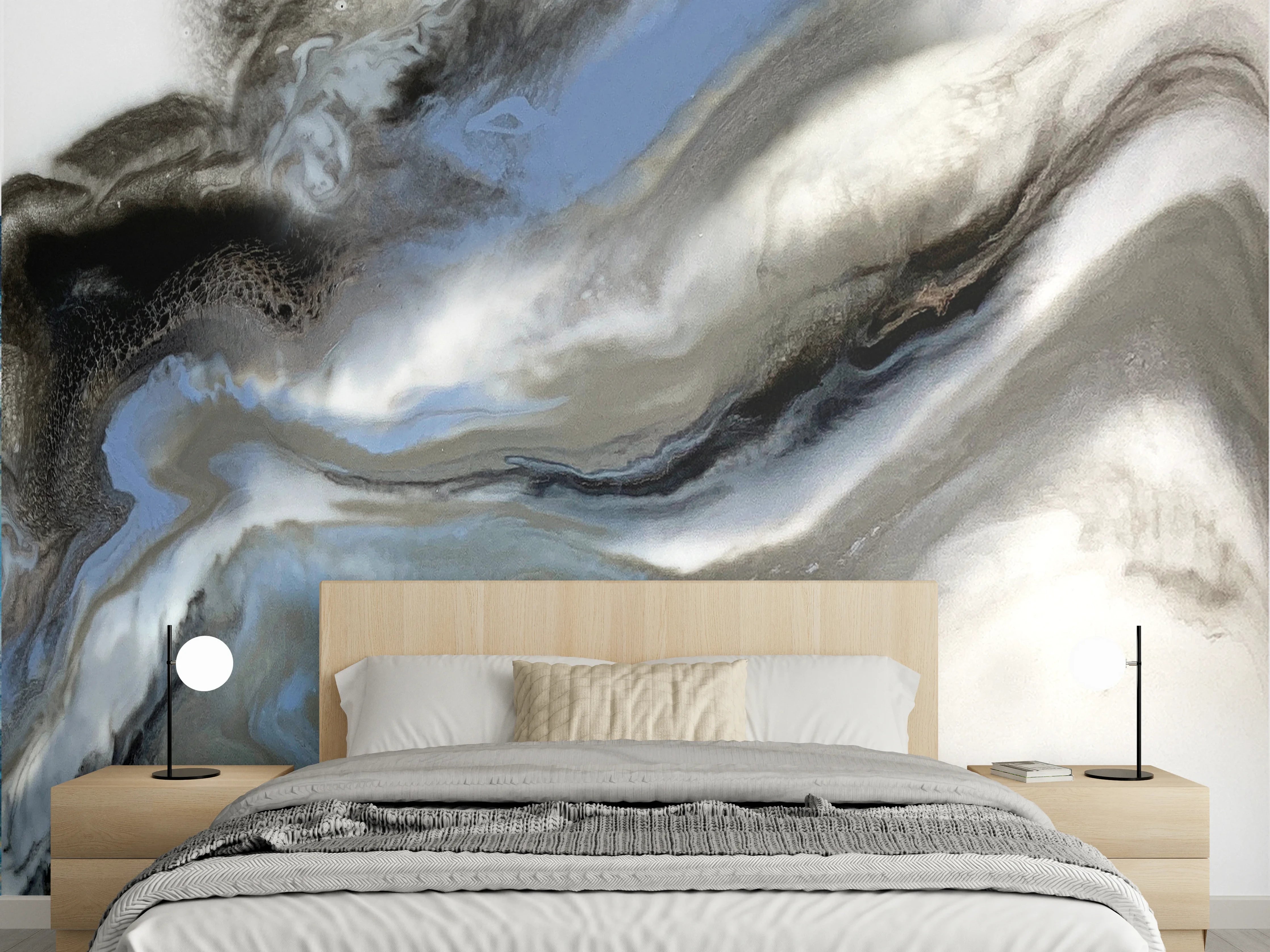 Wandverkleidung Schlafzimmer - Abstraktes Weiß-Blau-Grau Wandbild