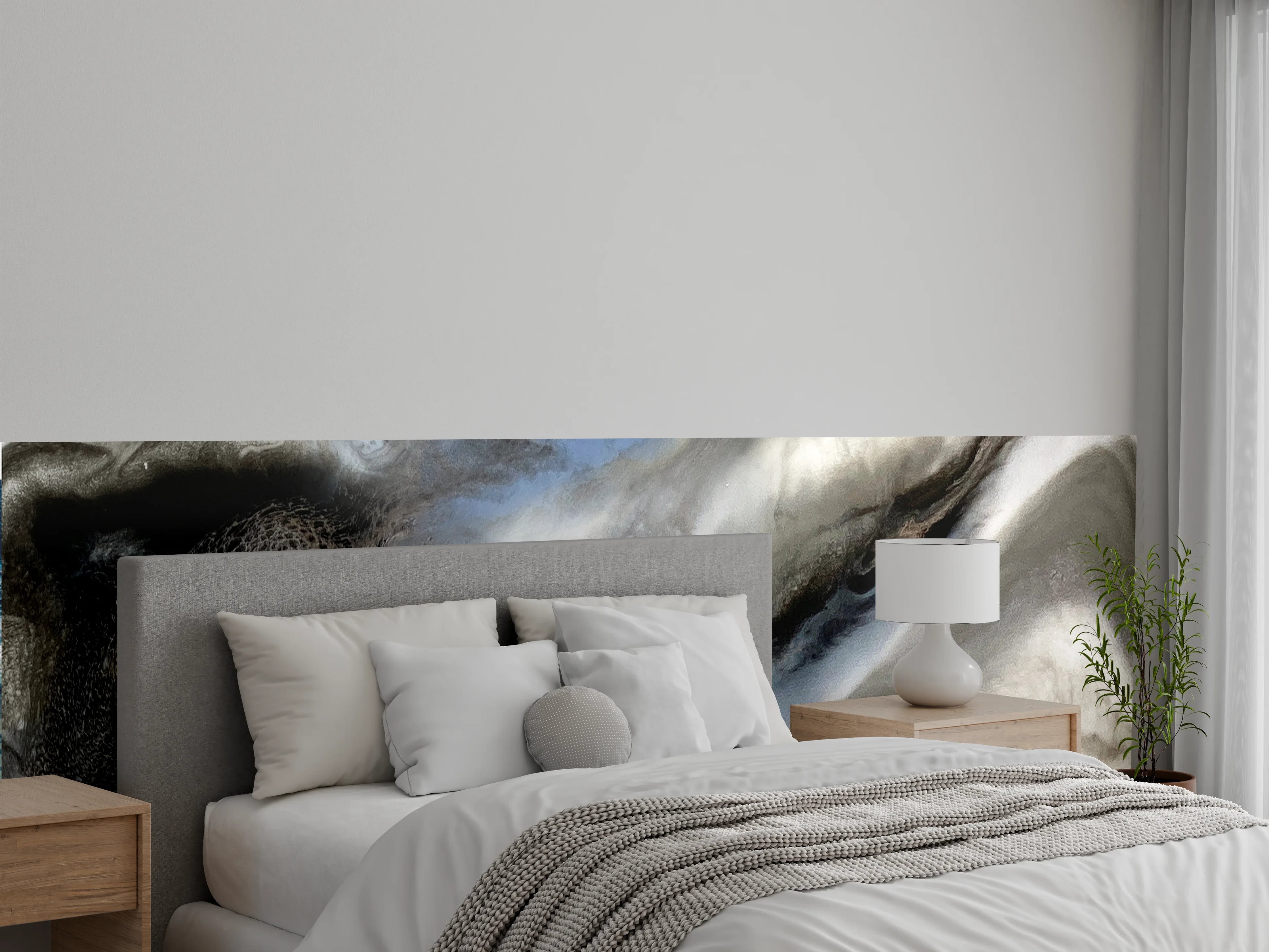 Wandverkleidung Schlafzimmer - Abstraktes Weiß-Blau-Grau Wandbild
