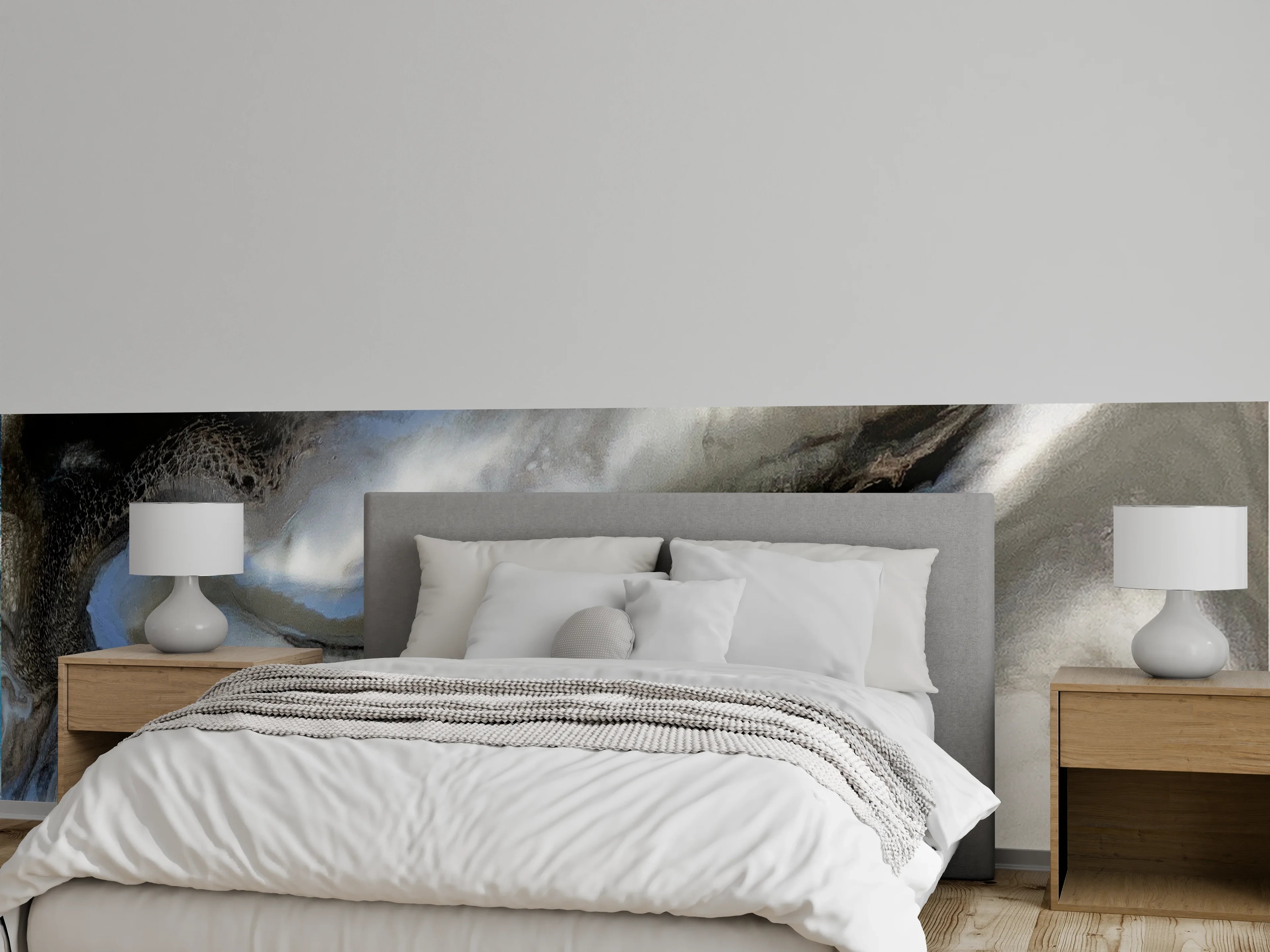 Wandverkleidung Schlafzimmer - Abstraktes Weiß-Blau-Grau Wandbild