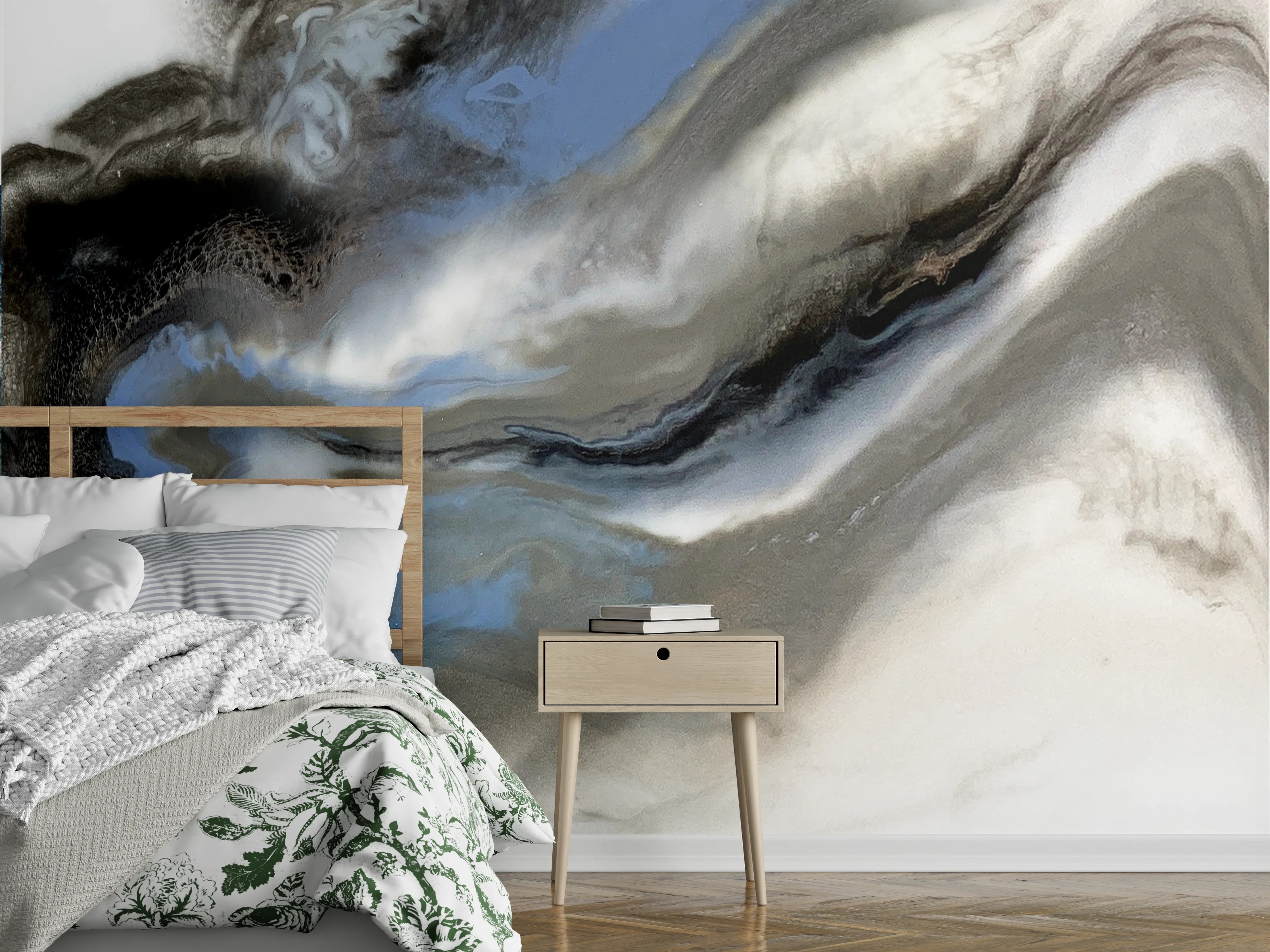 Wandverkleidung Schlafzimmer - Abstraktes Weiß-Blau-Grau Wandbild