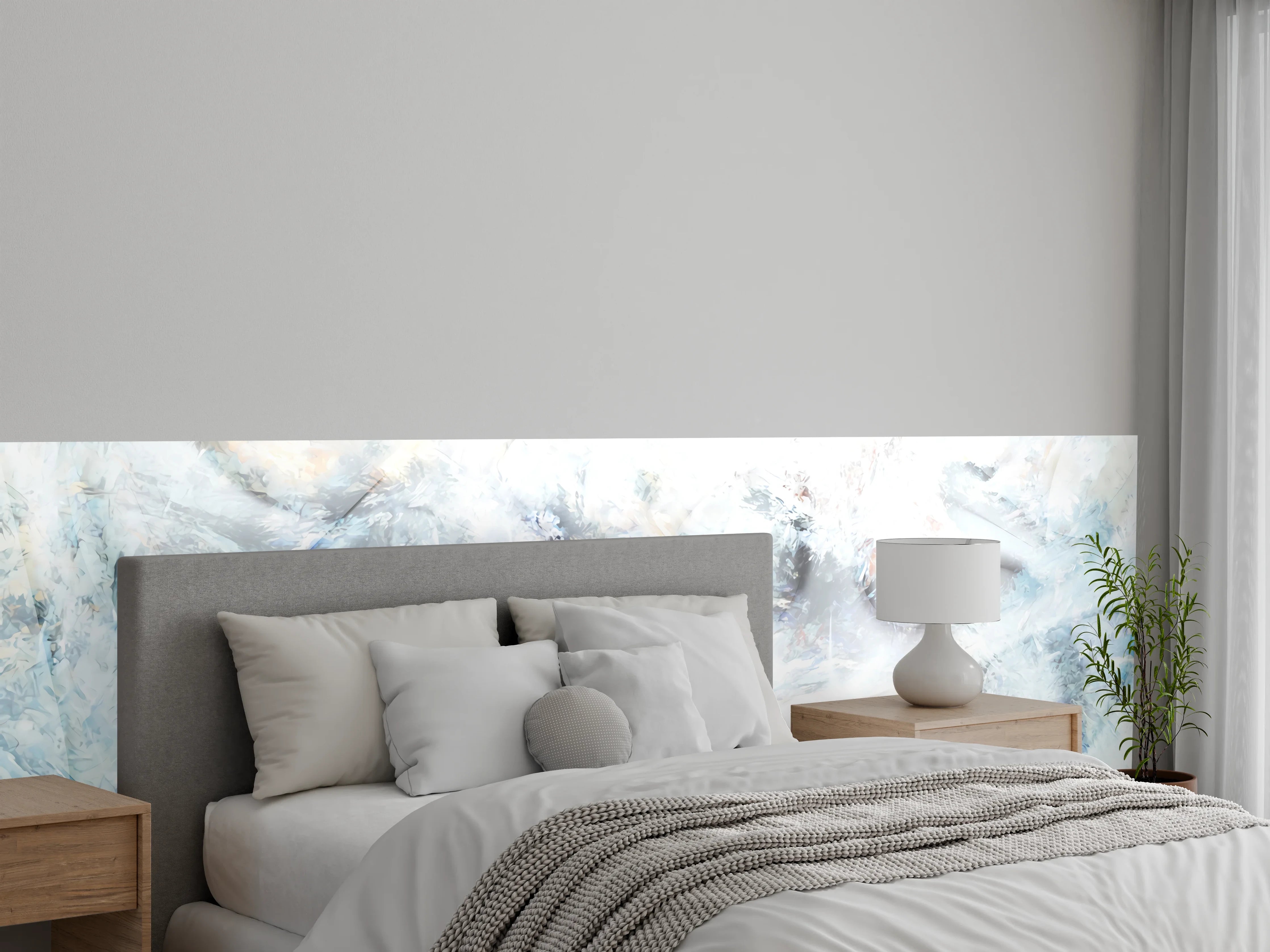 Wandverkleidung Schlafzimmer - Abstraktes Weiß Grau Blau Wandbild