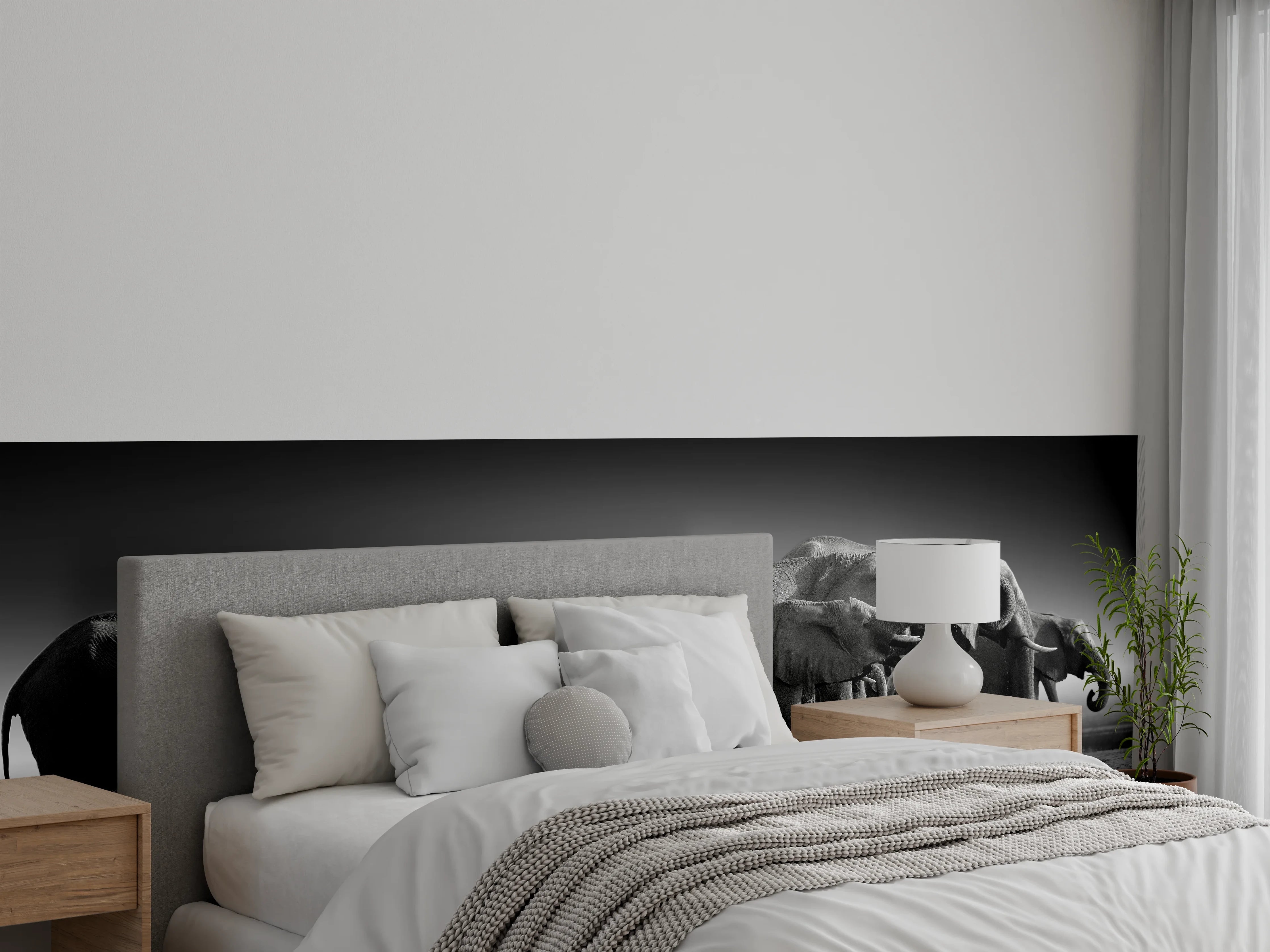 Wandverkleidung Schlafzimmer - Afrikanische Elefantenherde (Schwarz-Weiß)