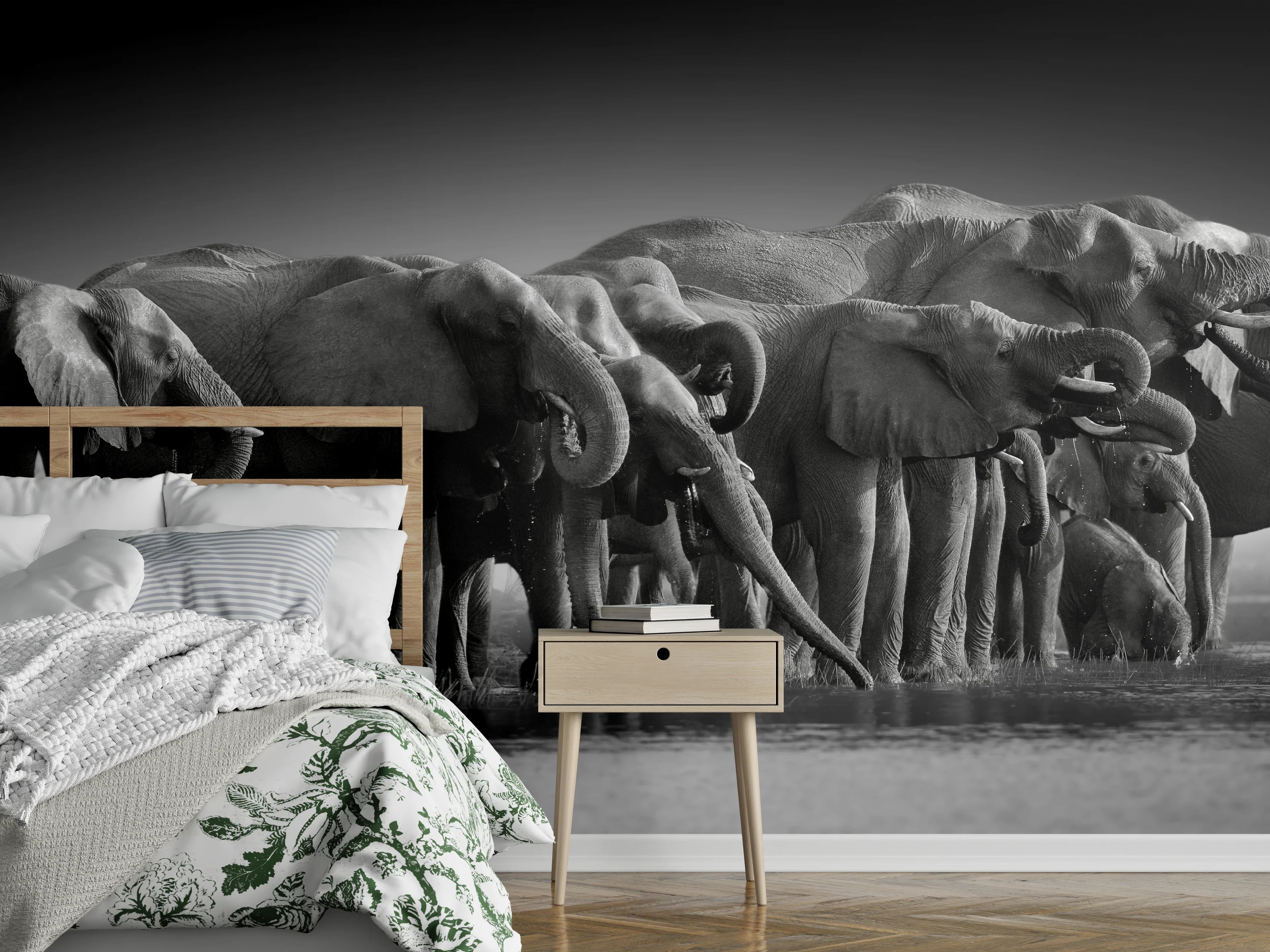 Wandverkleidung Schlafzimmer - Afrikanische Elefantenherde (Schwarz-Weiß)
