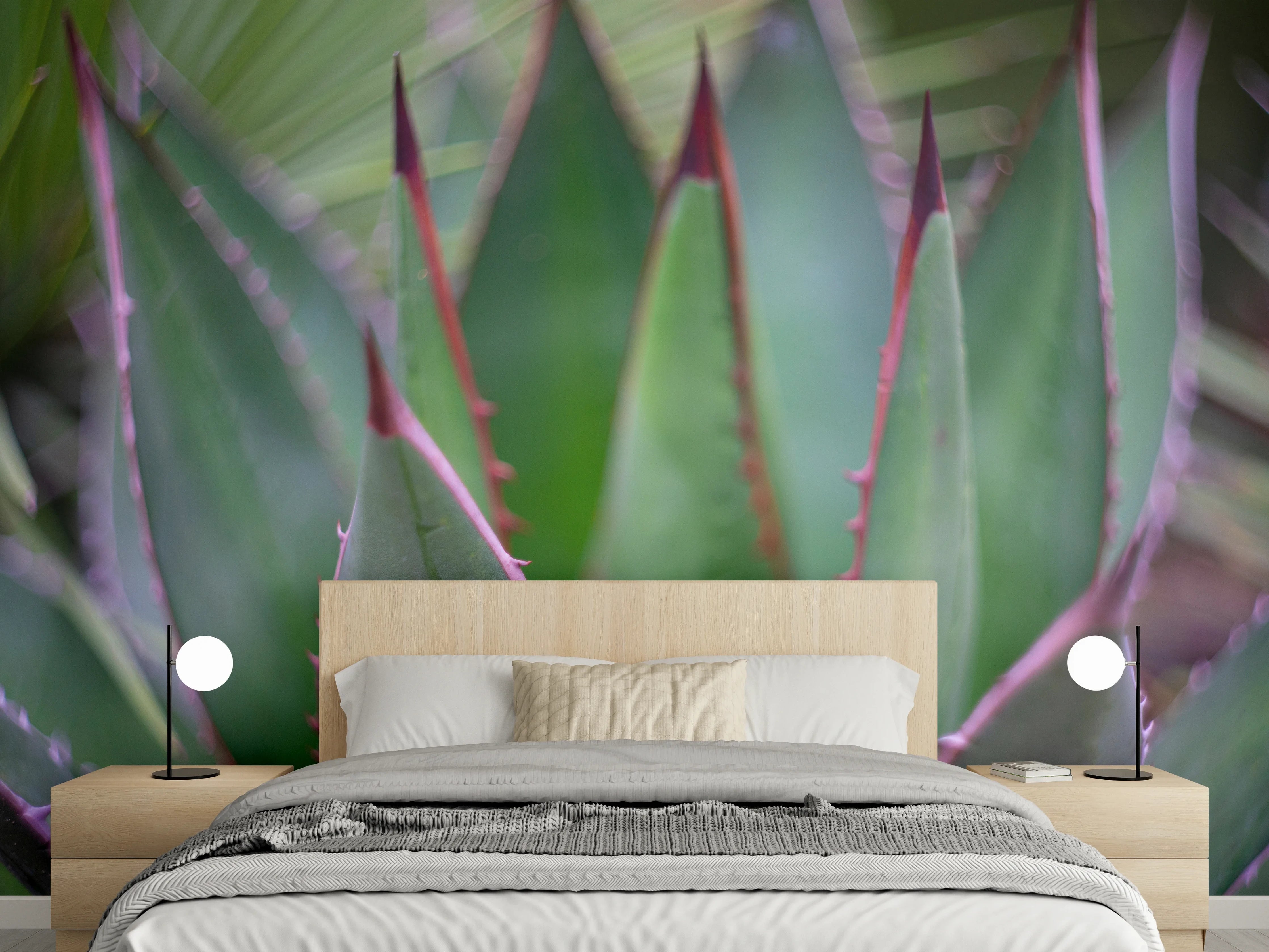 Wandverkleidung Schlafzimmer - Agave Nahaufnahme: Grüne Blätter mit Dornen