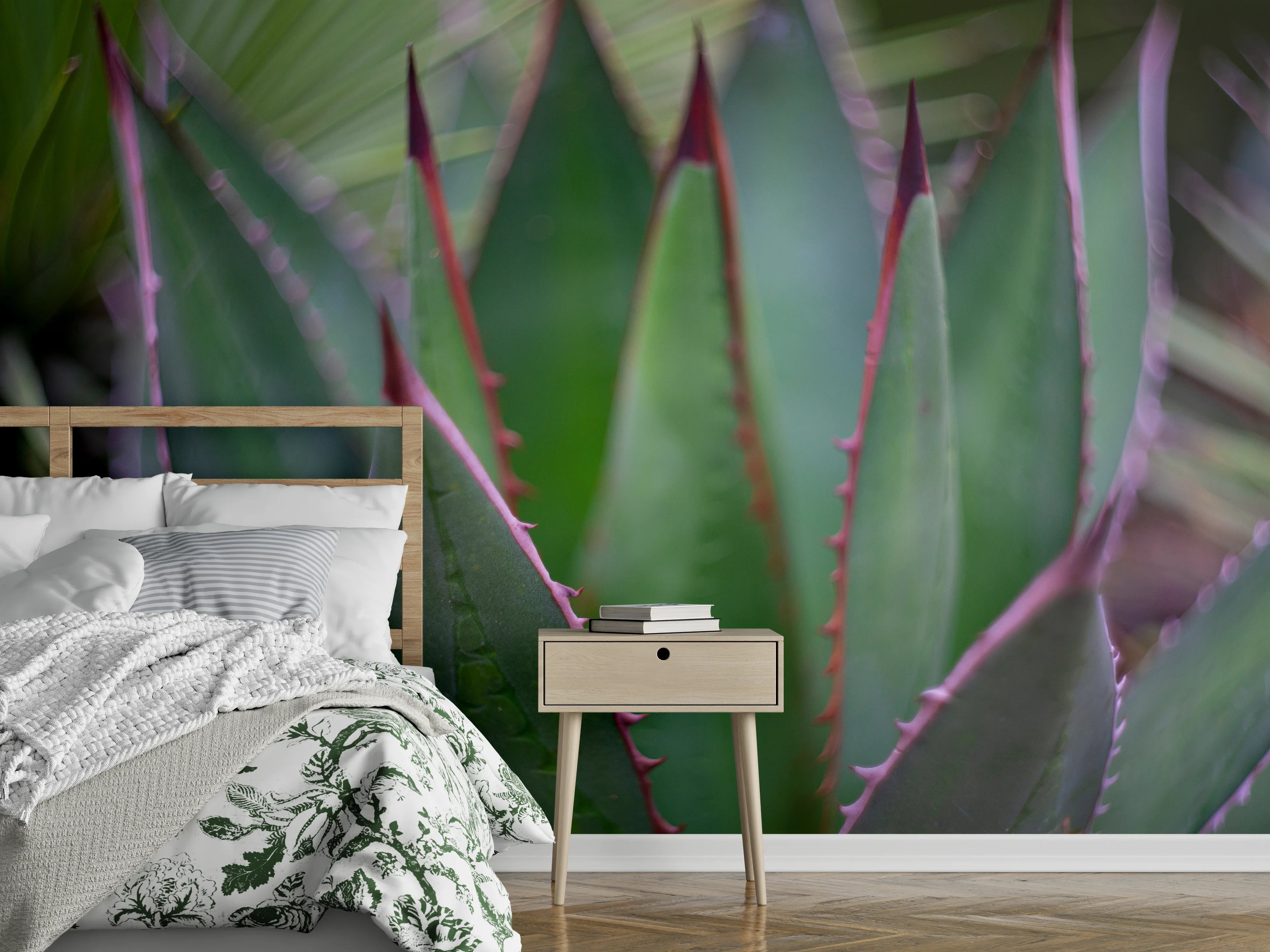 Wandverkleidung Schlafzimmer - Agave Nahaufnahme: Grüne Blätter mit Dornen