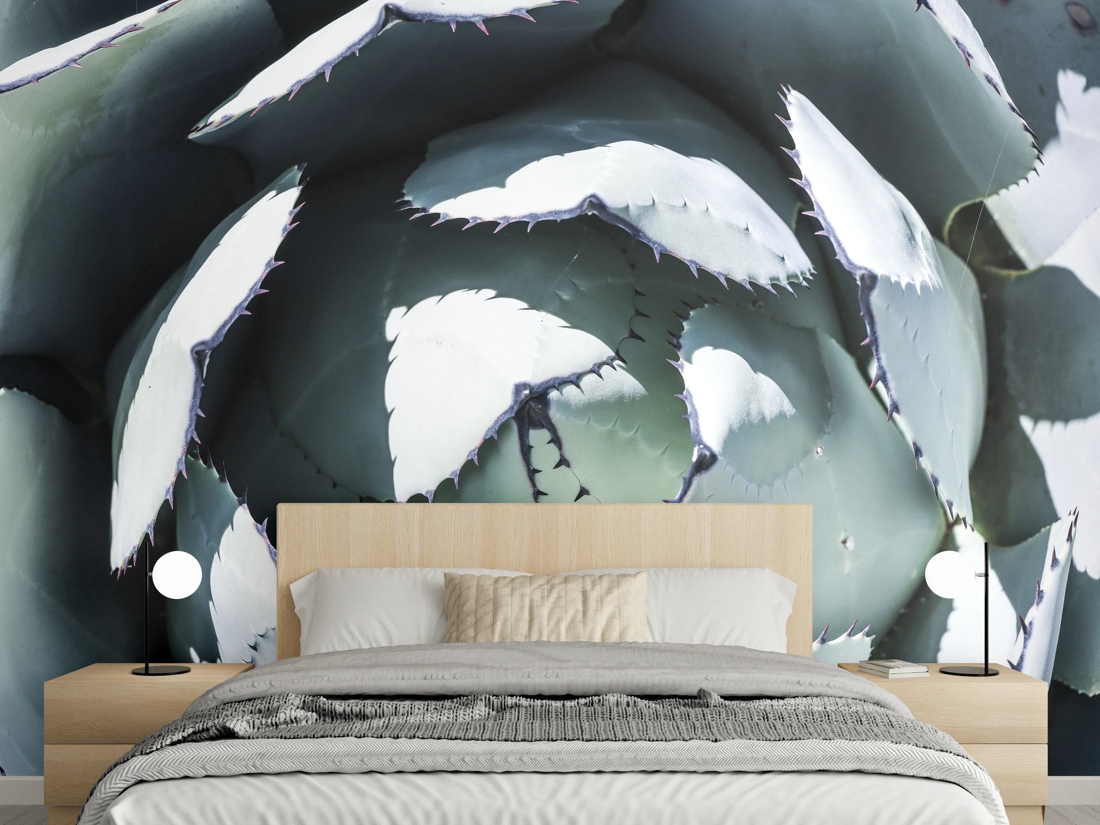 Wandverkleidung Schlafzimmer - Agave Pflanze minimalistisch Grau-Grün