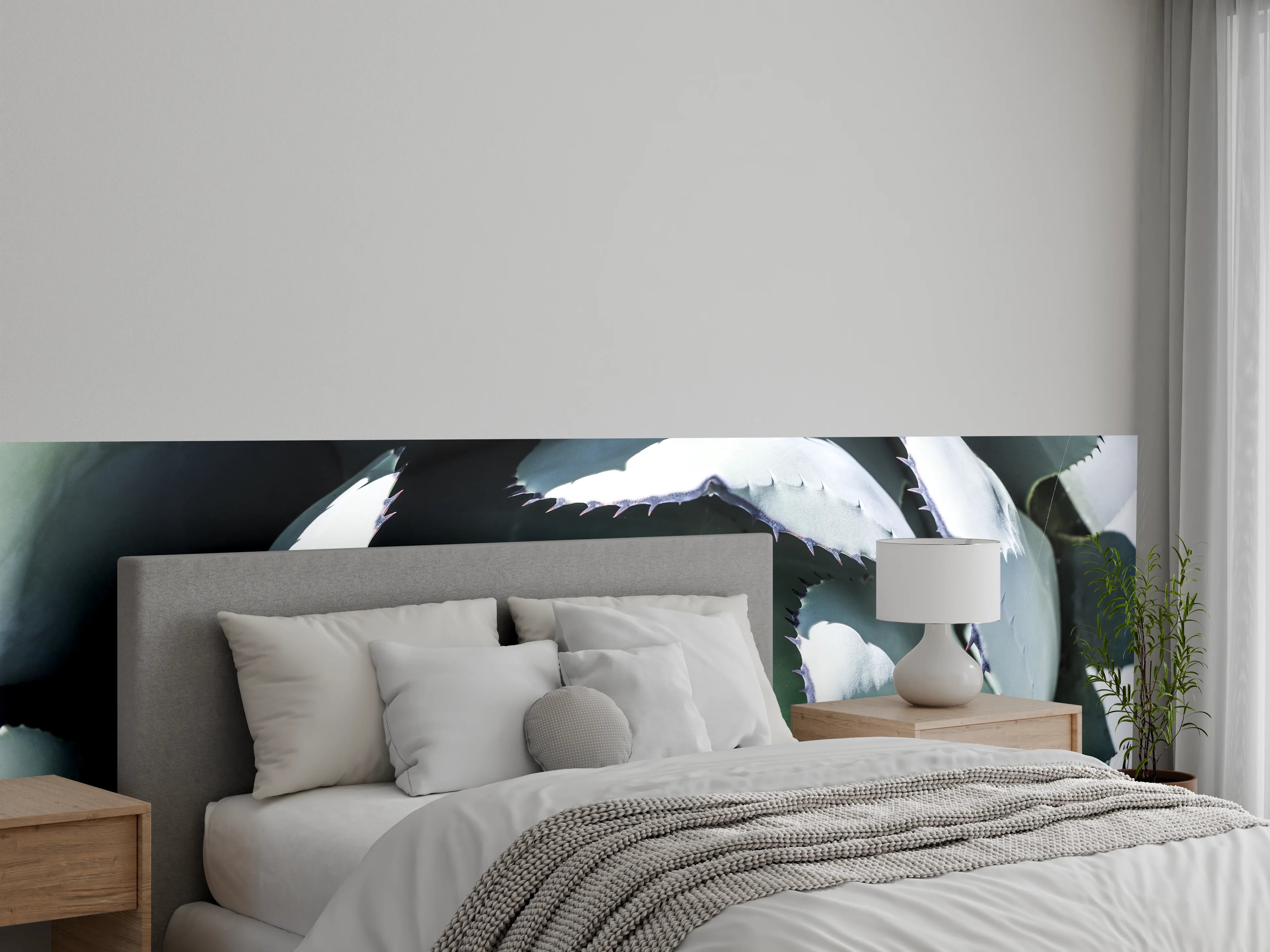 Wandverkleidung Schlafzimmer - Agave Pflanze minimalistisch Grau-Grün