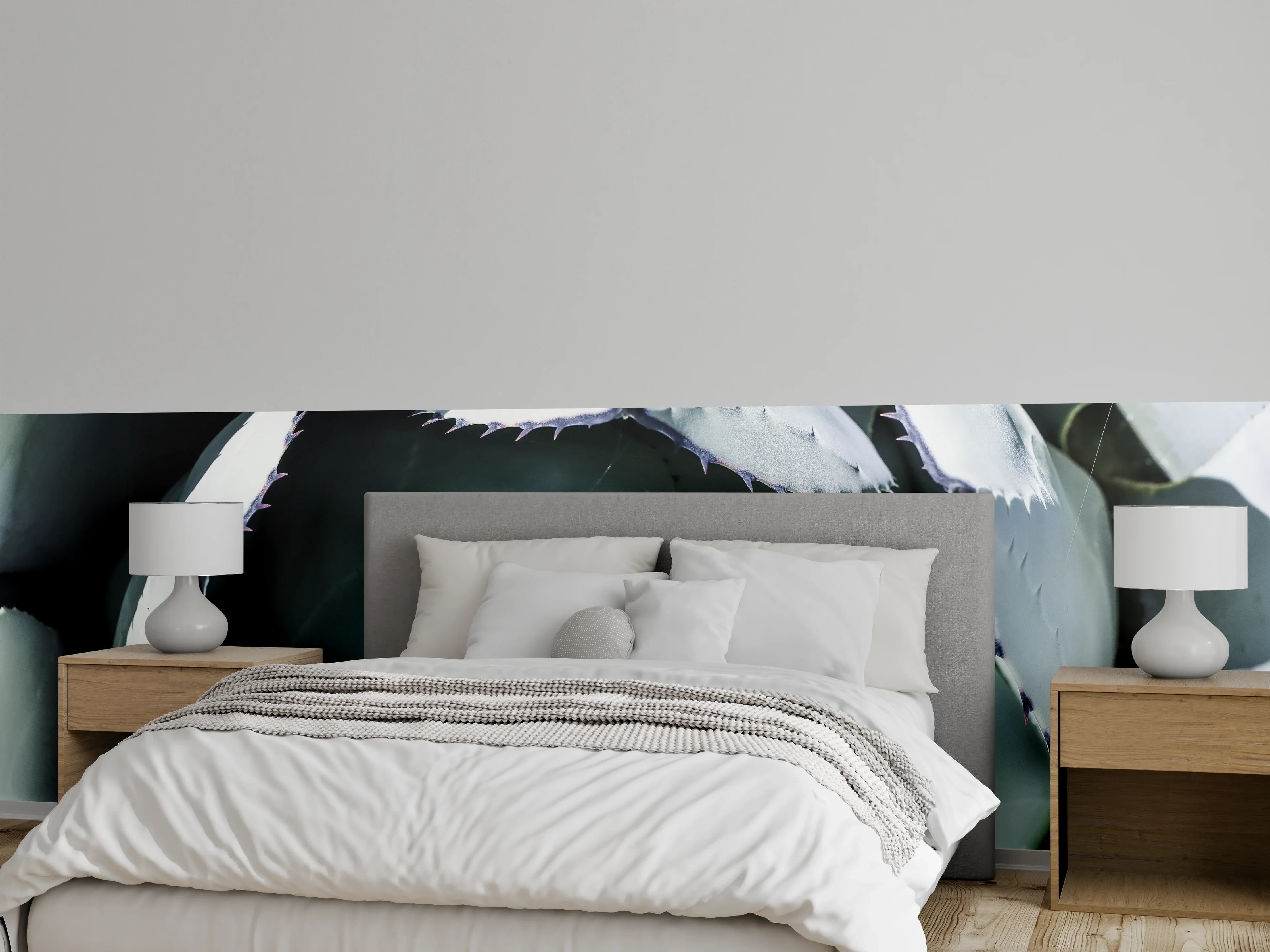 Wandverkleidung Schlafzimmer - Agave Pflanze minimalistisch Grau-Grün