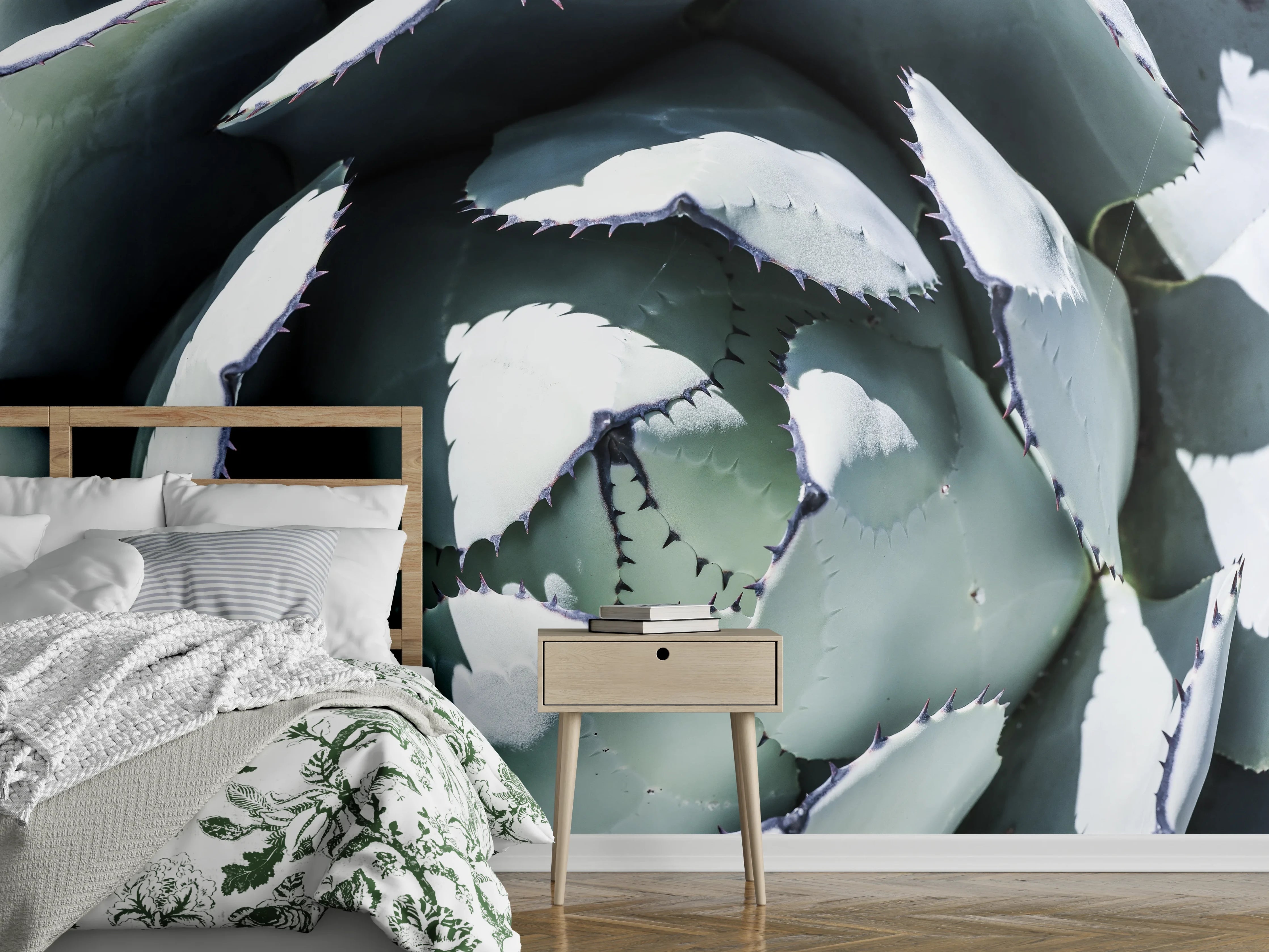 Wandverkleidung Schlafzimmer - Agave Pflanze minimalistisch Grau-Grün