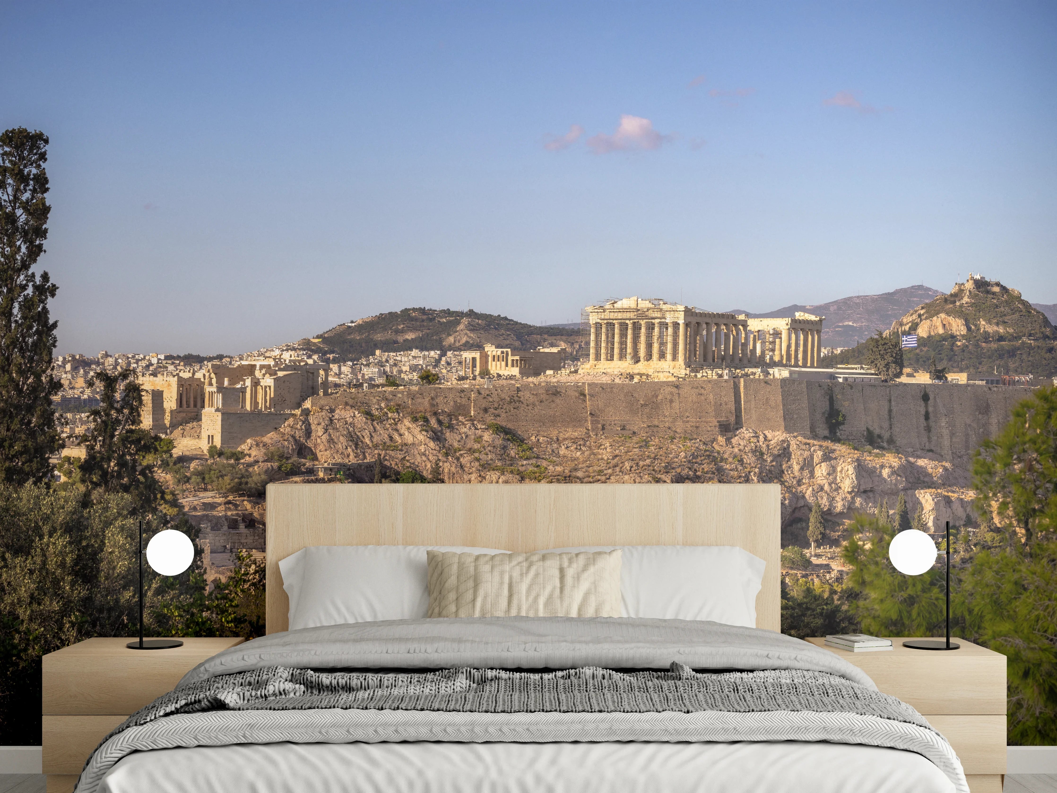 Wandverkleidung Schlafzimmer - Akropolis Panorama Beige-Blau