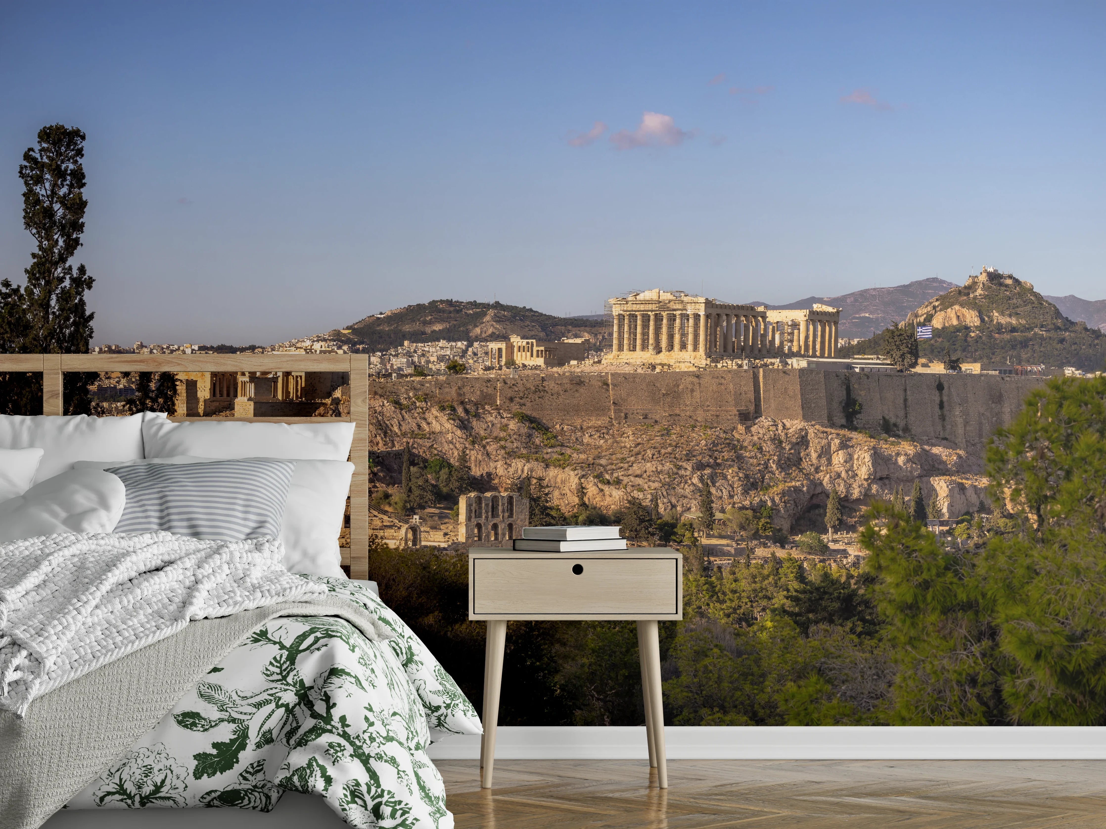 Wandverkleidung Schlafzimmer - Akropolis Panorama Beige-Blau