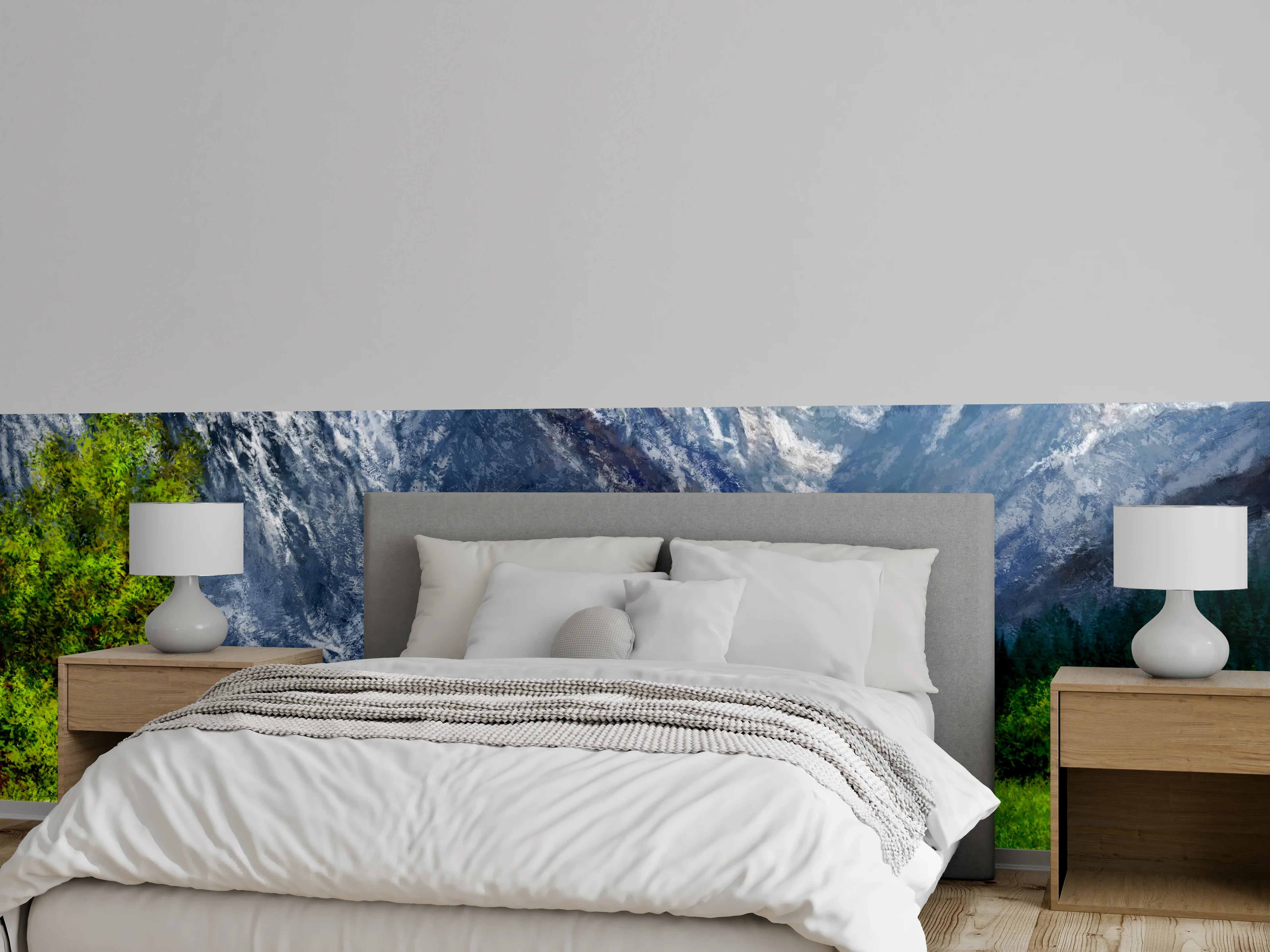 Wandverkleidung Schlafzimmer - Alpen Landschaft Fluss Panorama Gemälde