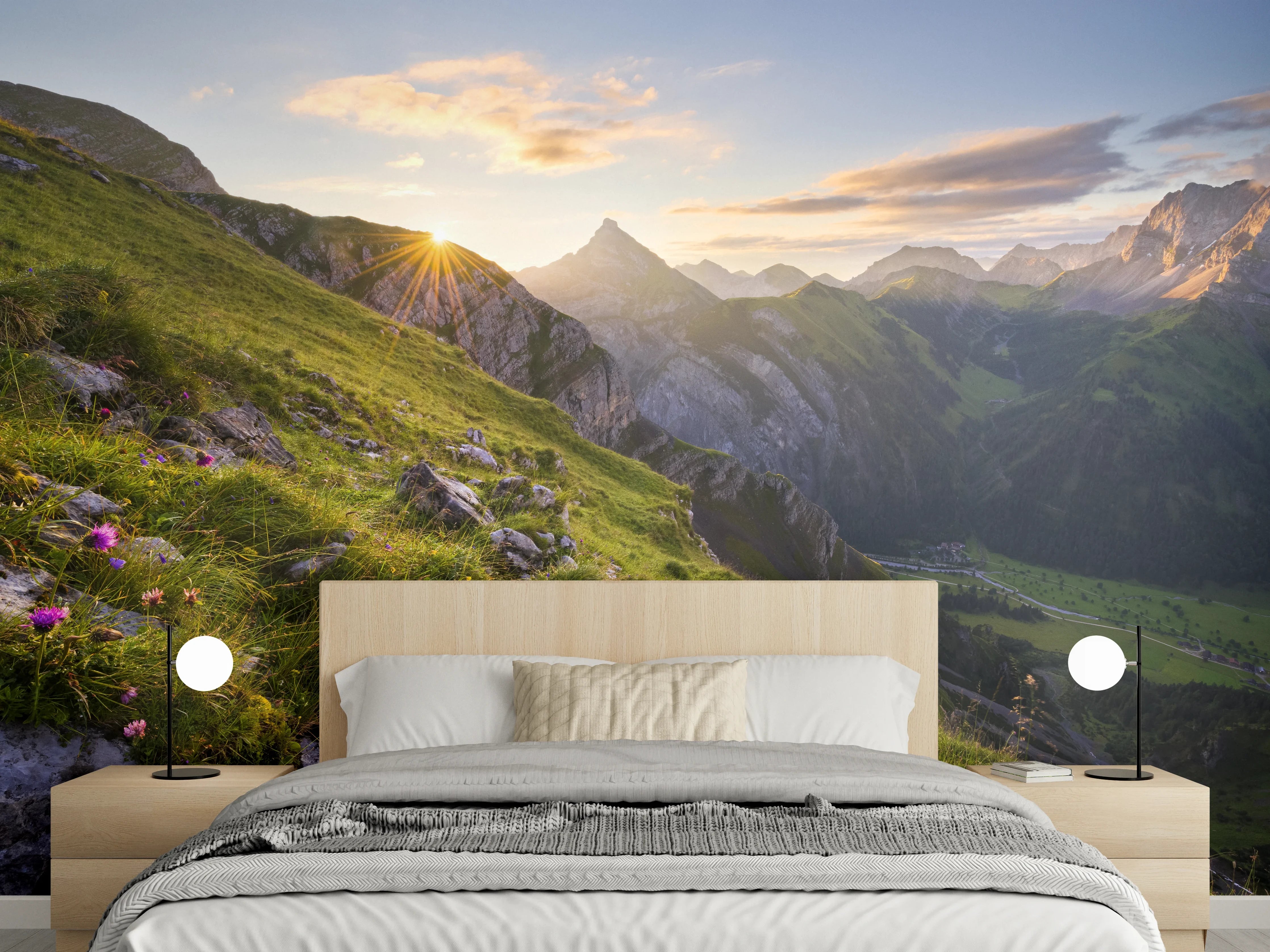Wandverkleidung Schlafzimmer - Alpen Sonnenaufgang Landschaft Fototapete
