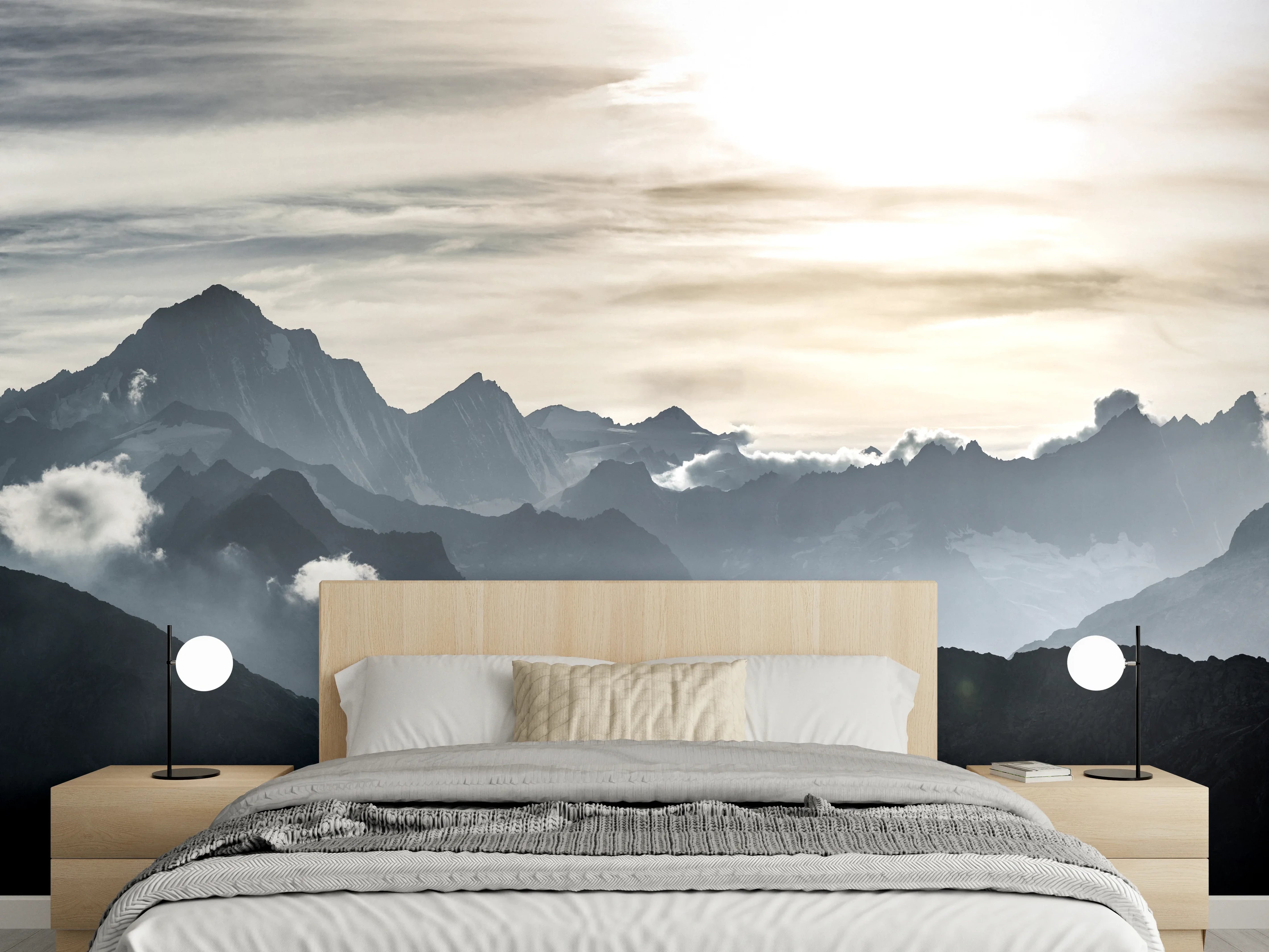 Wandverkleidung Schlafzimmer - Alpenlandschaft Panorama Sonnenstrahlen Schwarz-Weiß