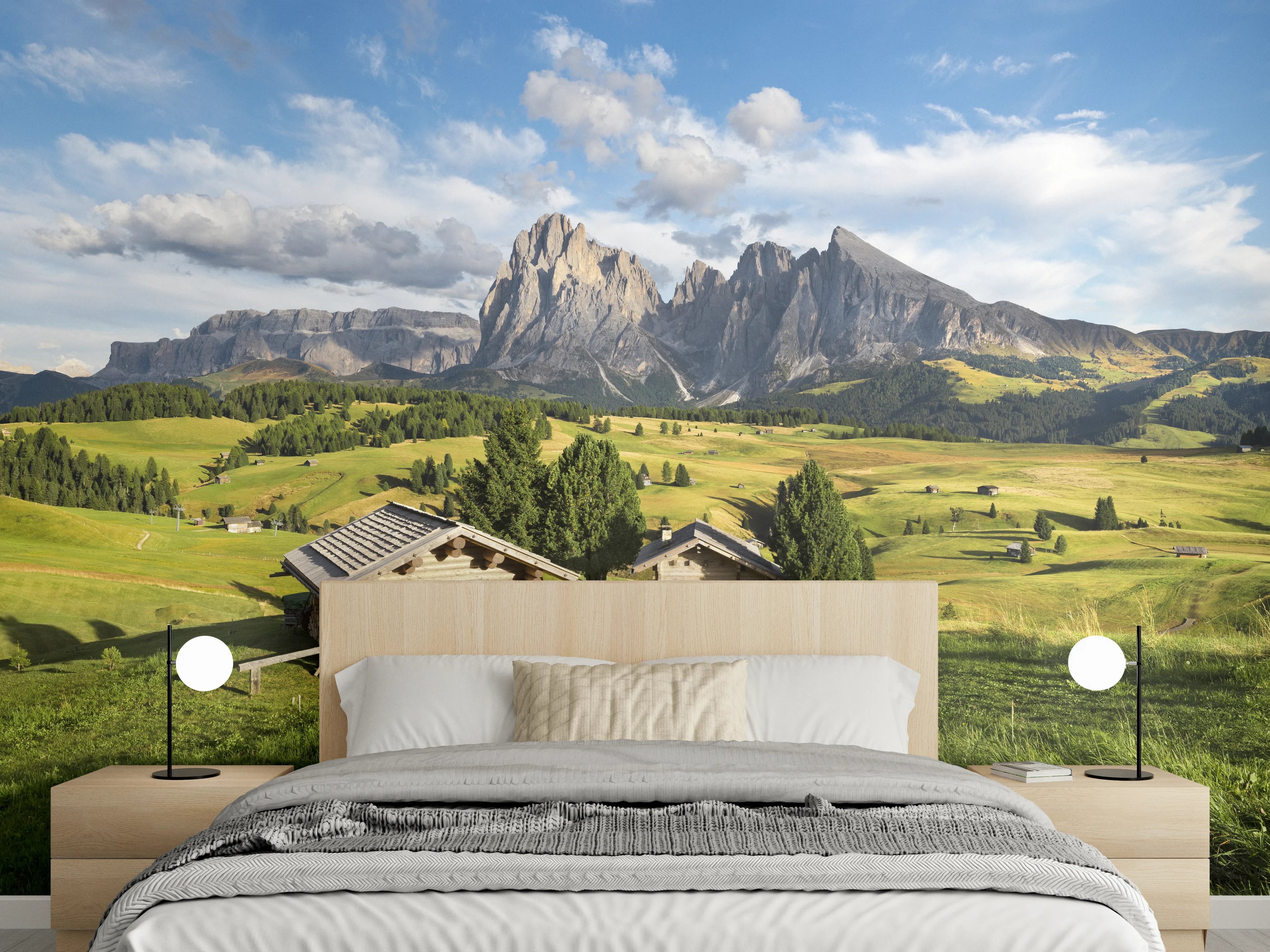 Wandverkleidung Schlafzimmer - Alpenlandschaft Panorama mit Hütten