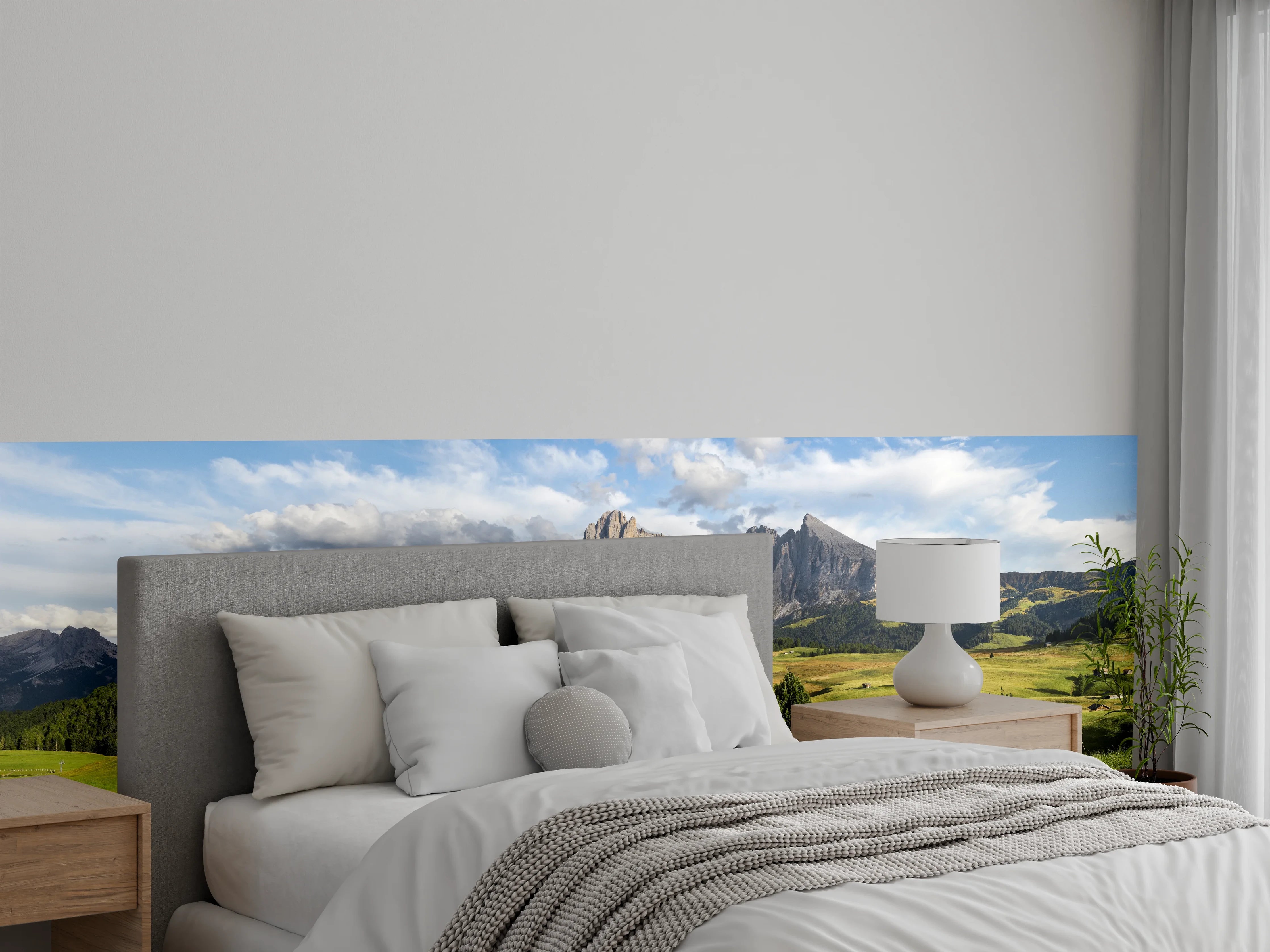 Wandverkleidung Schlafzimmer - Alpenlandschaft Panorama mit Hütten