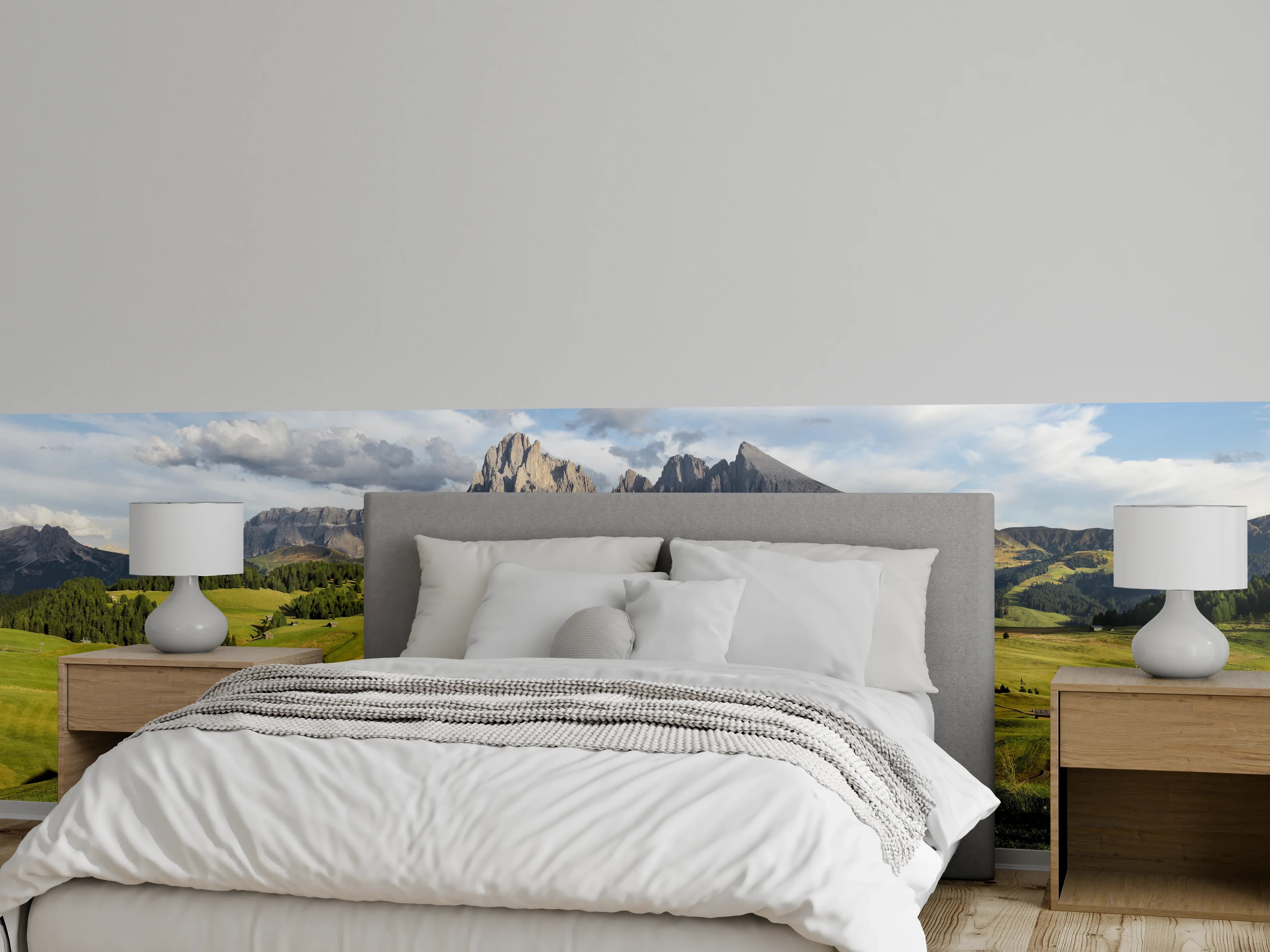 Wandverkleidung Schlafzimmer - Alpenlandschaft Panorama mit Hütten