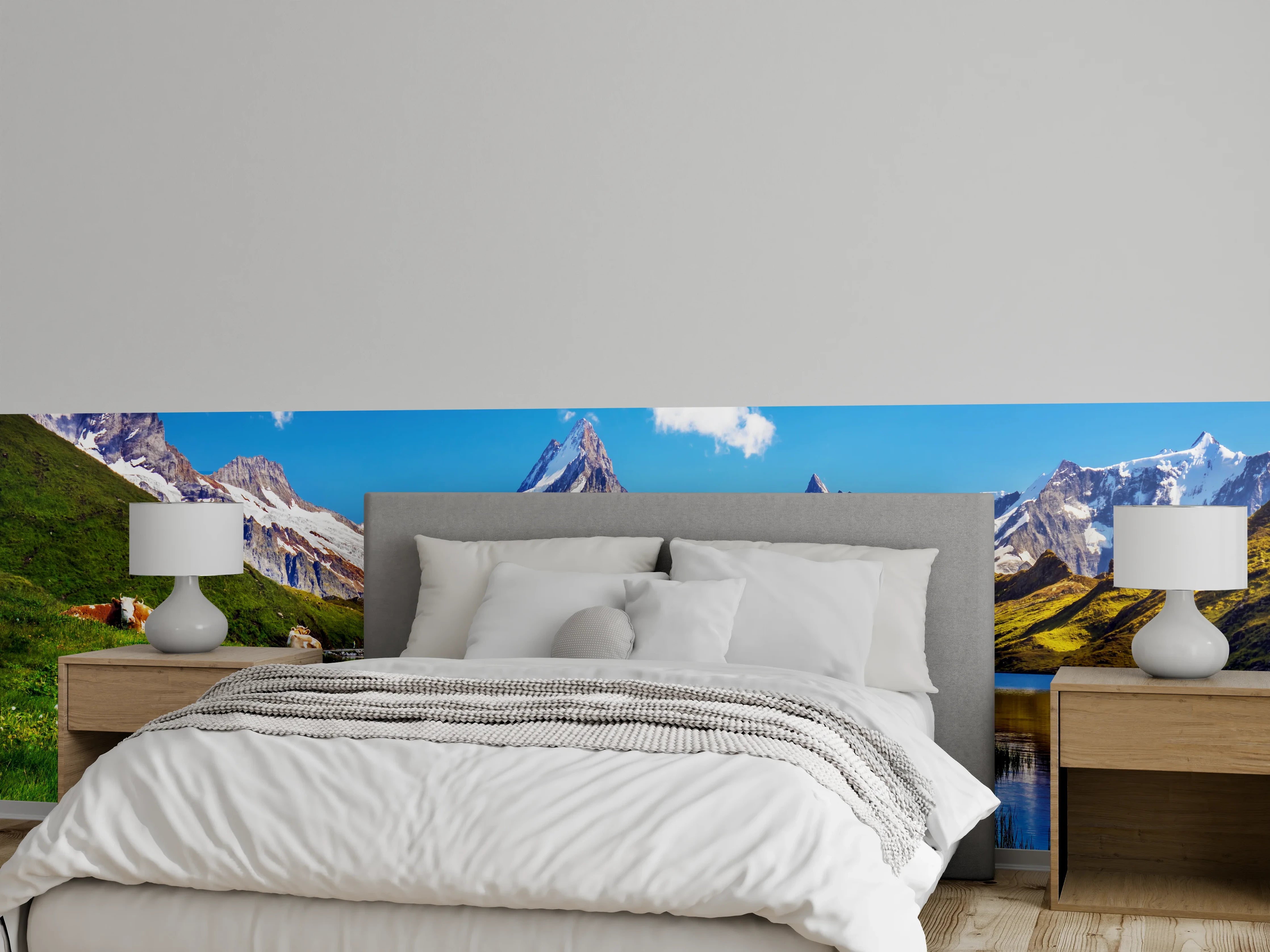 Wandverkleidung Schlafzimmer - Alpenlandschaft am See Panorama