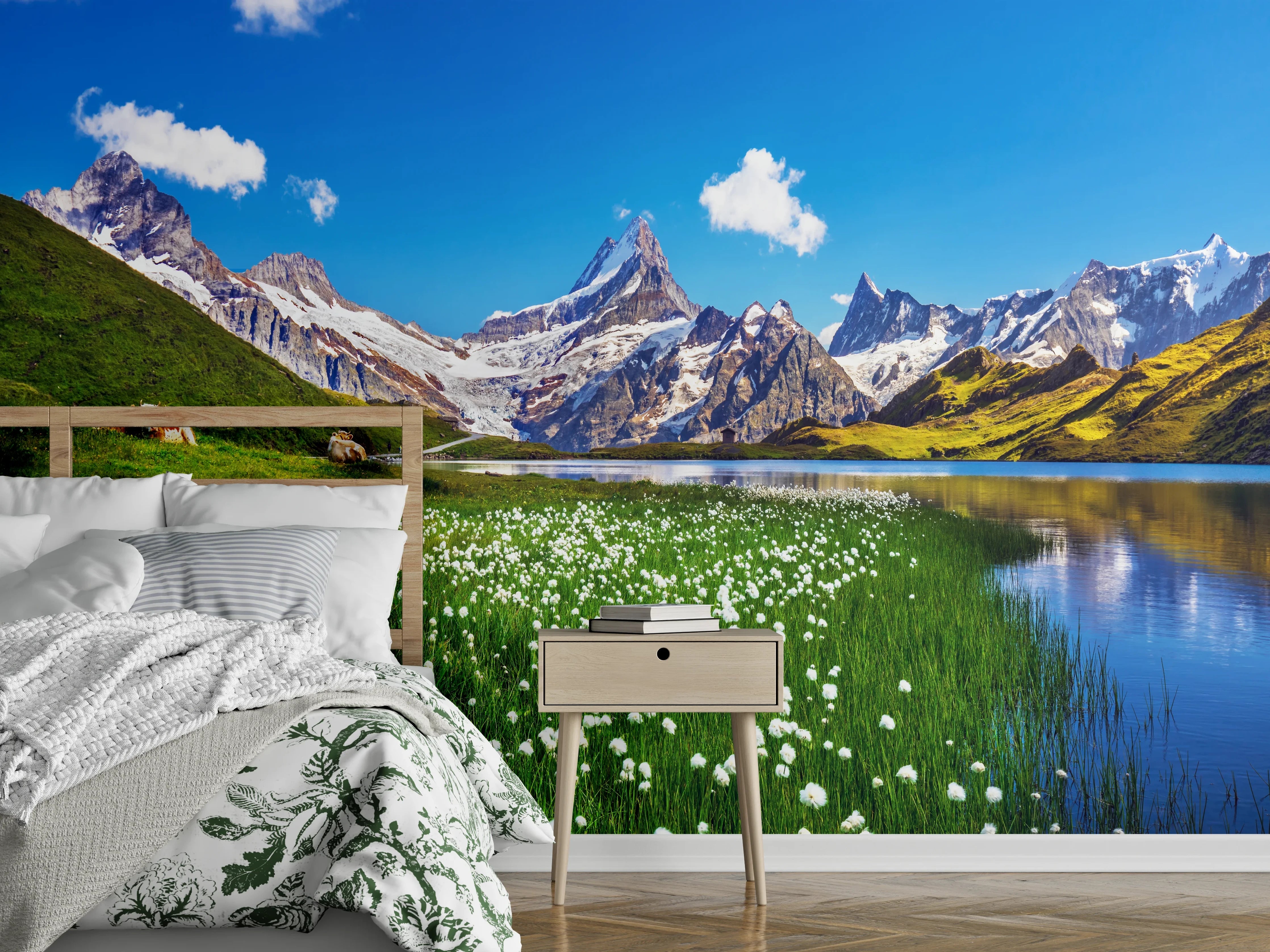 Wandverkleidung Schlafzimmer - Alpenlandschaft am See Panorama