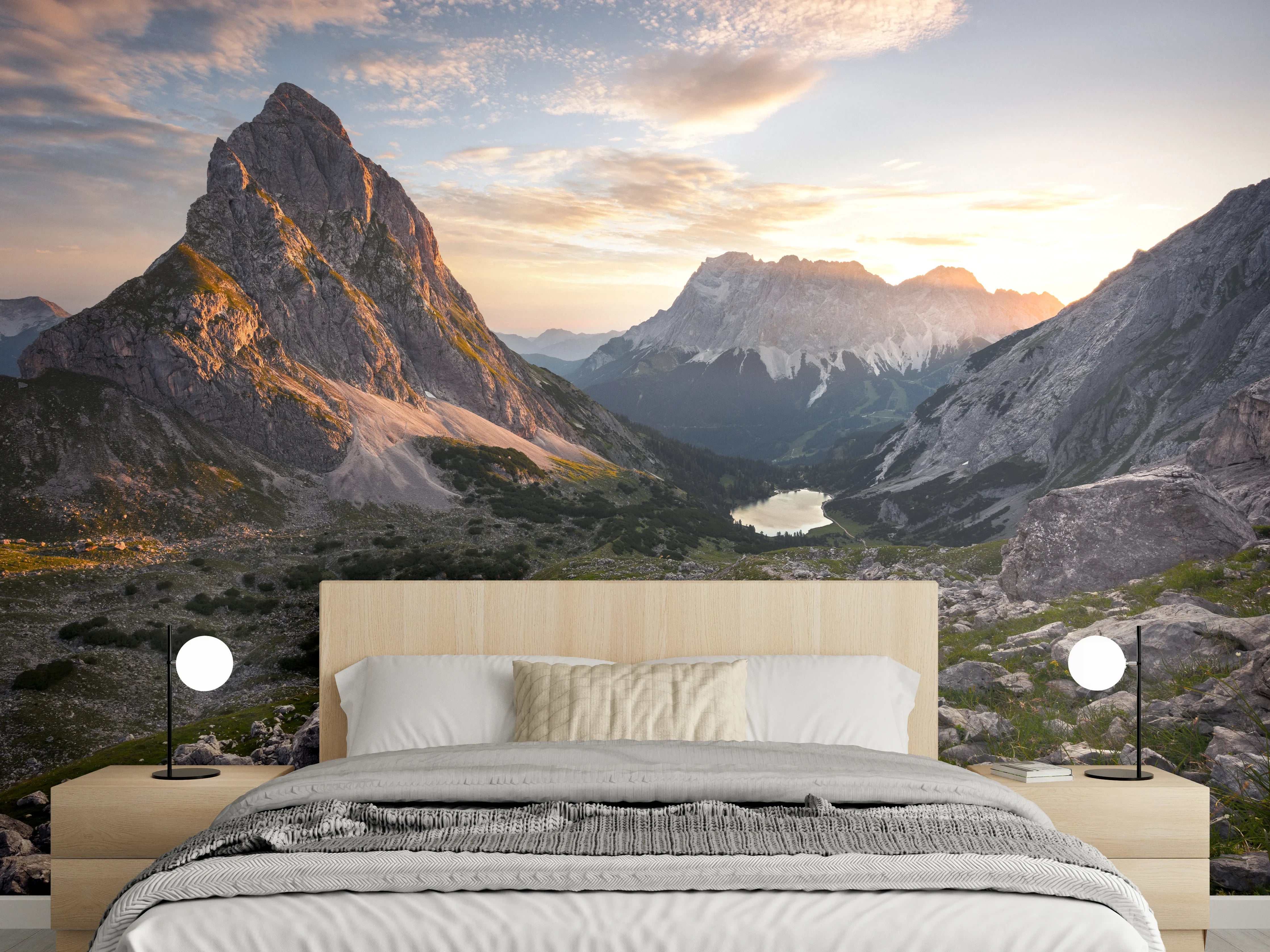 Wandverkleidung Schlafzimmer - Alpenpanorama Sonnenuntergang Berge See