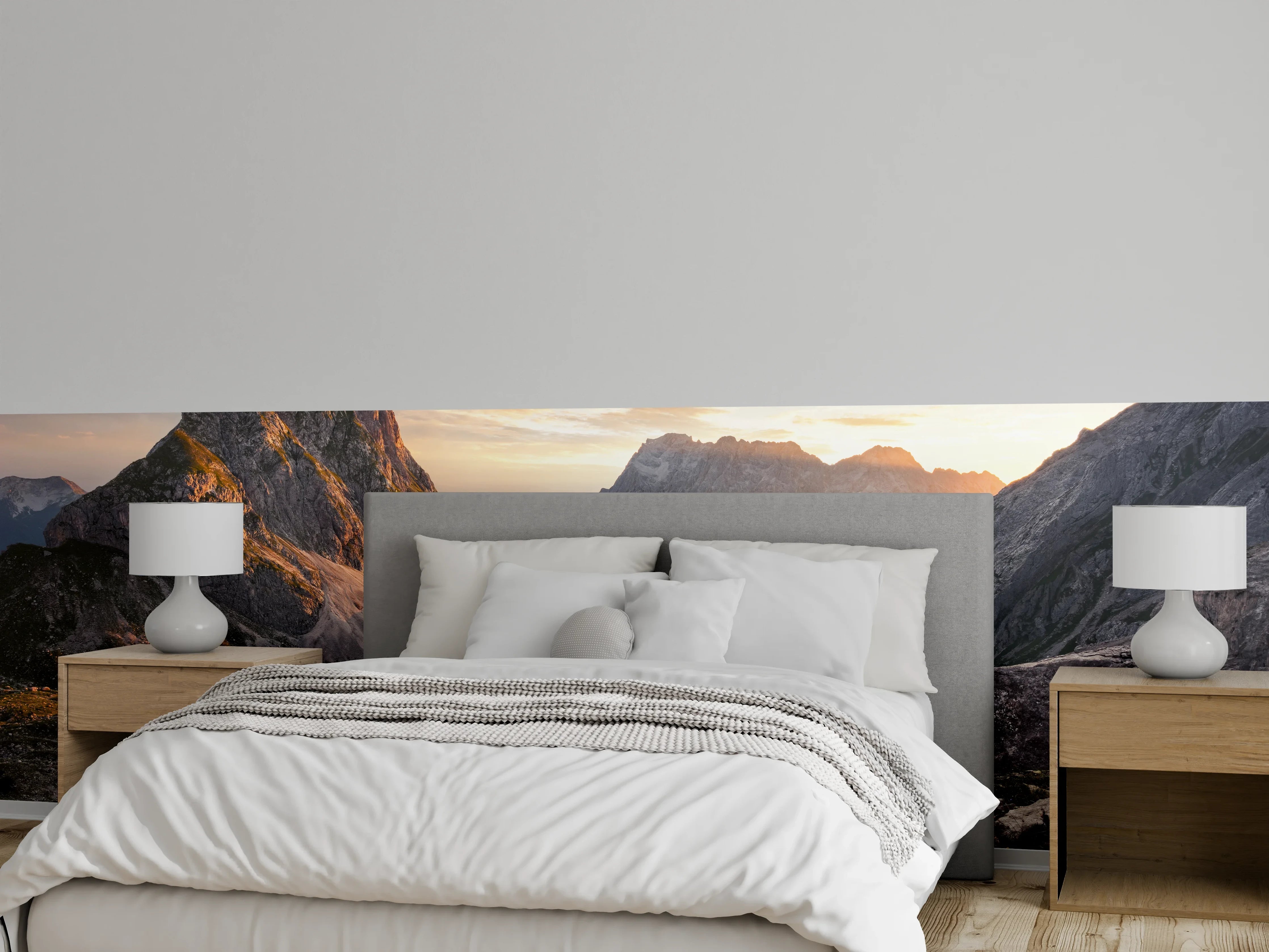 Wandverkleidung Schlafzimmer - Alpenpanorama Sonnenuntergang Berge See