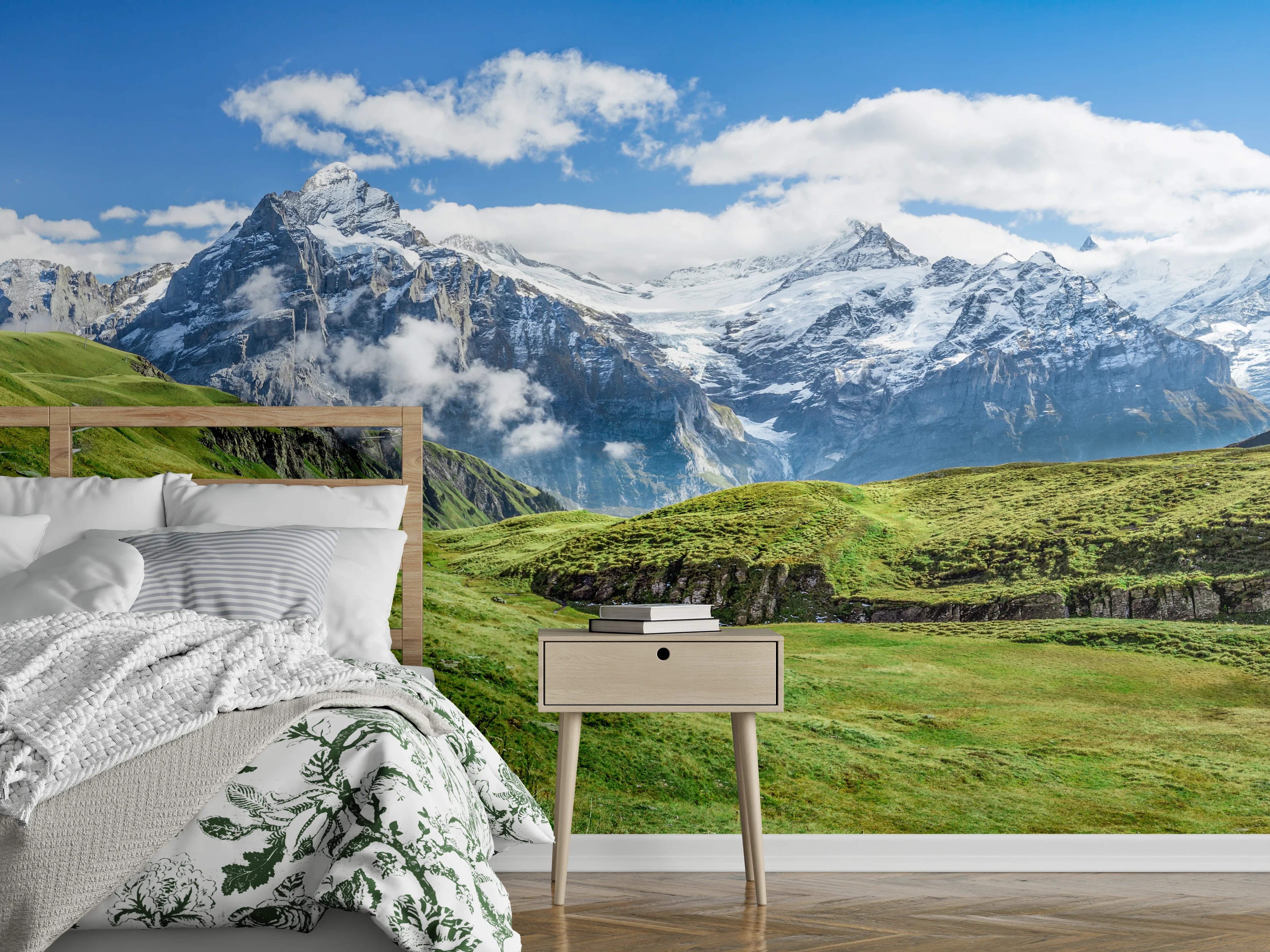 Wandverkleidung Schlafzimmer - Alpenpanorama mit Wiesenpfad