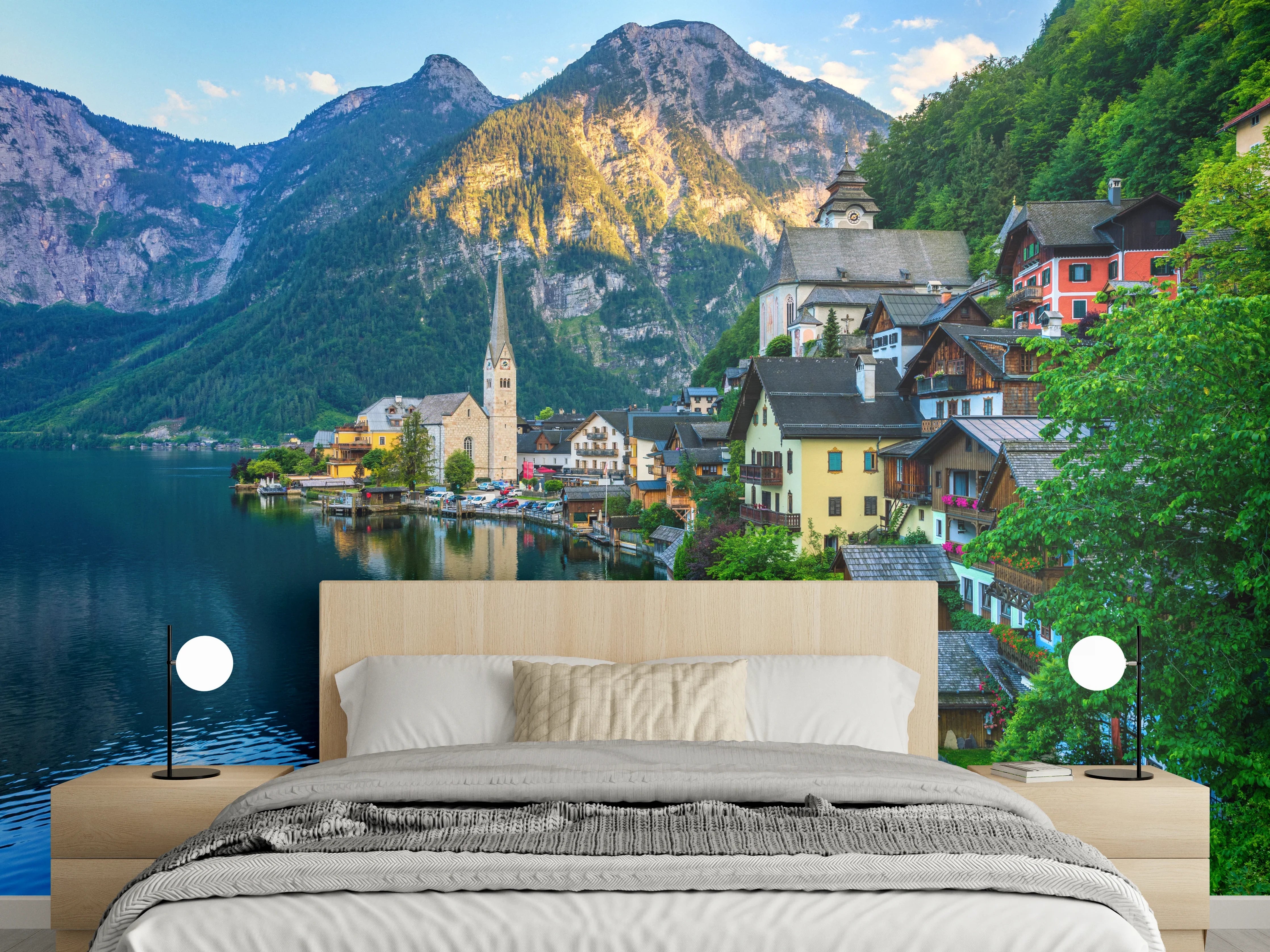 Wandverkleidung Schlafzimmer - Alpiner Seeort in malerischer Natur