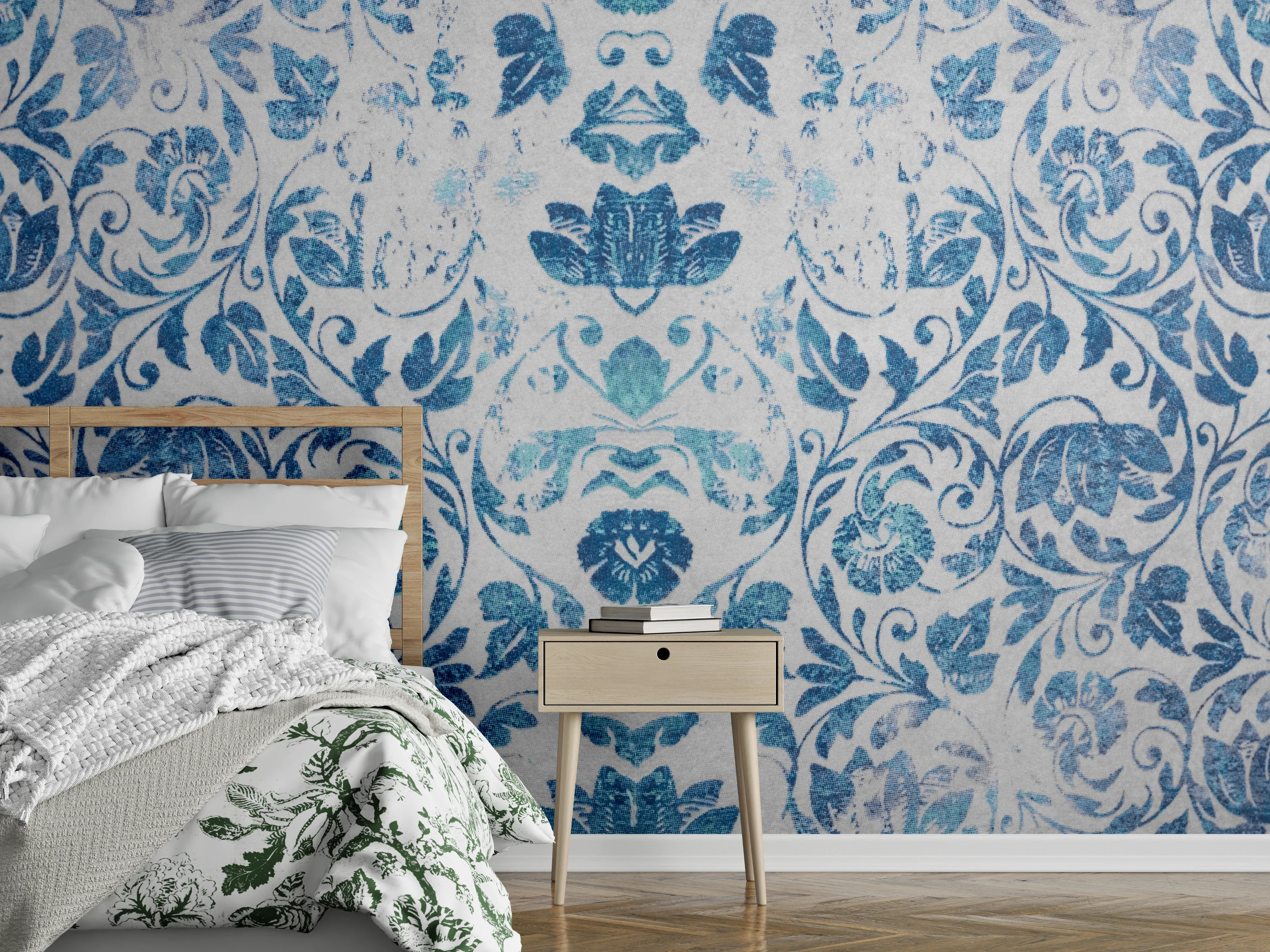 Wandverkleidung Schlafzimmer - Altes Abgenutztes Damast Patchwork Vintage Motiv