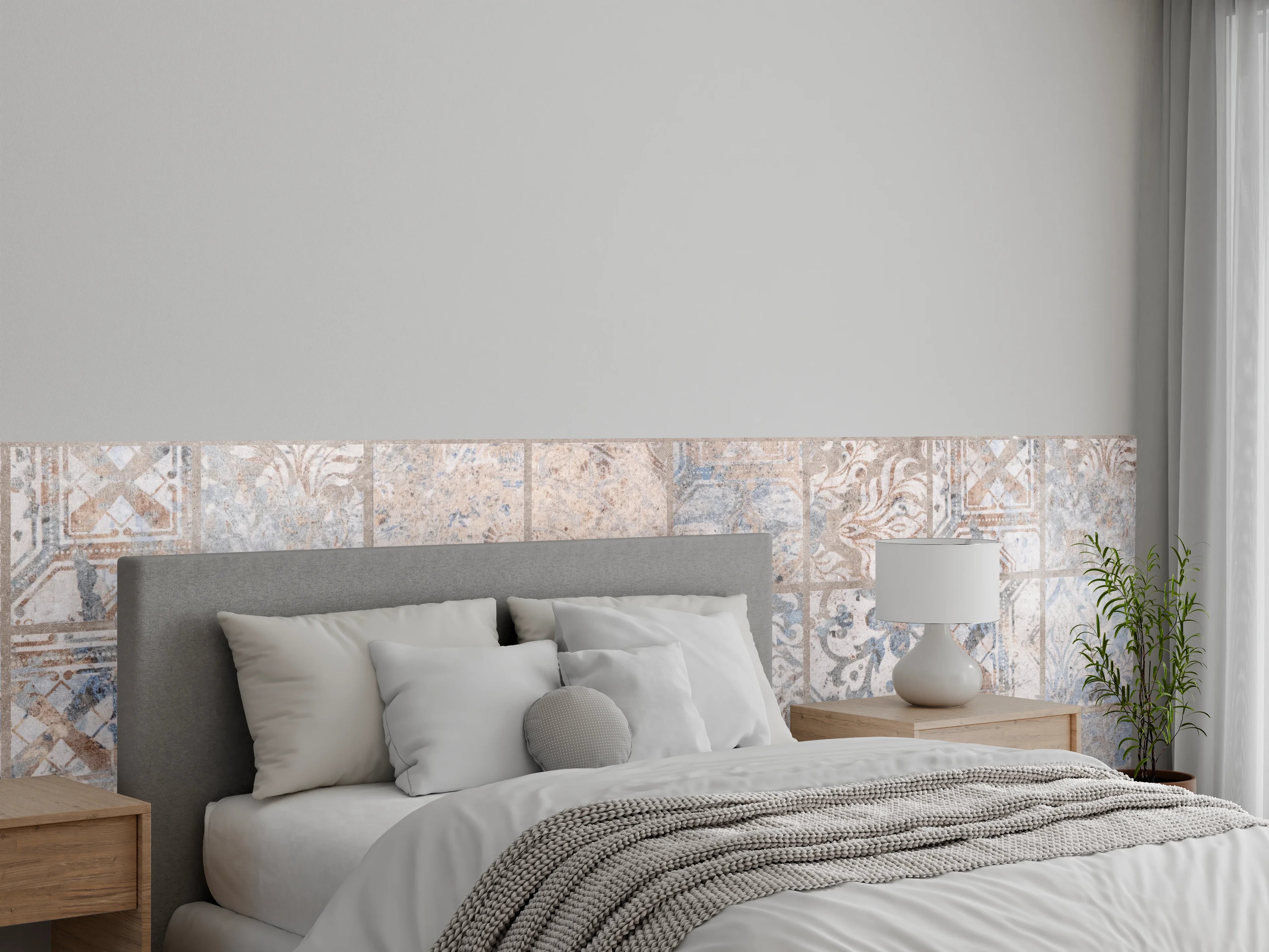 Wandverkleidung Schlafzimmer - Altes blau-braun Patchwork Motiv