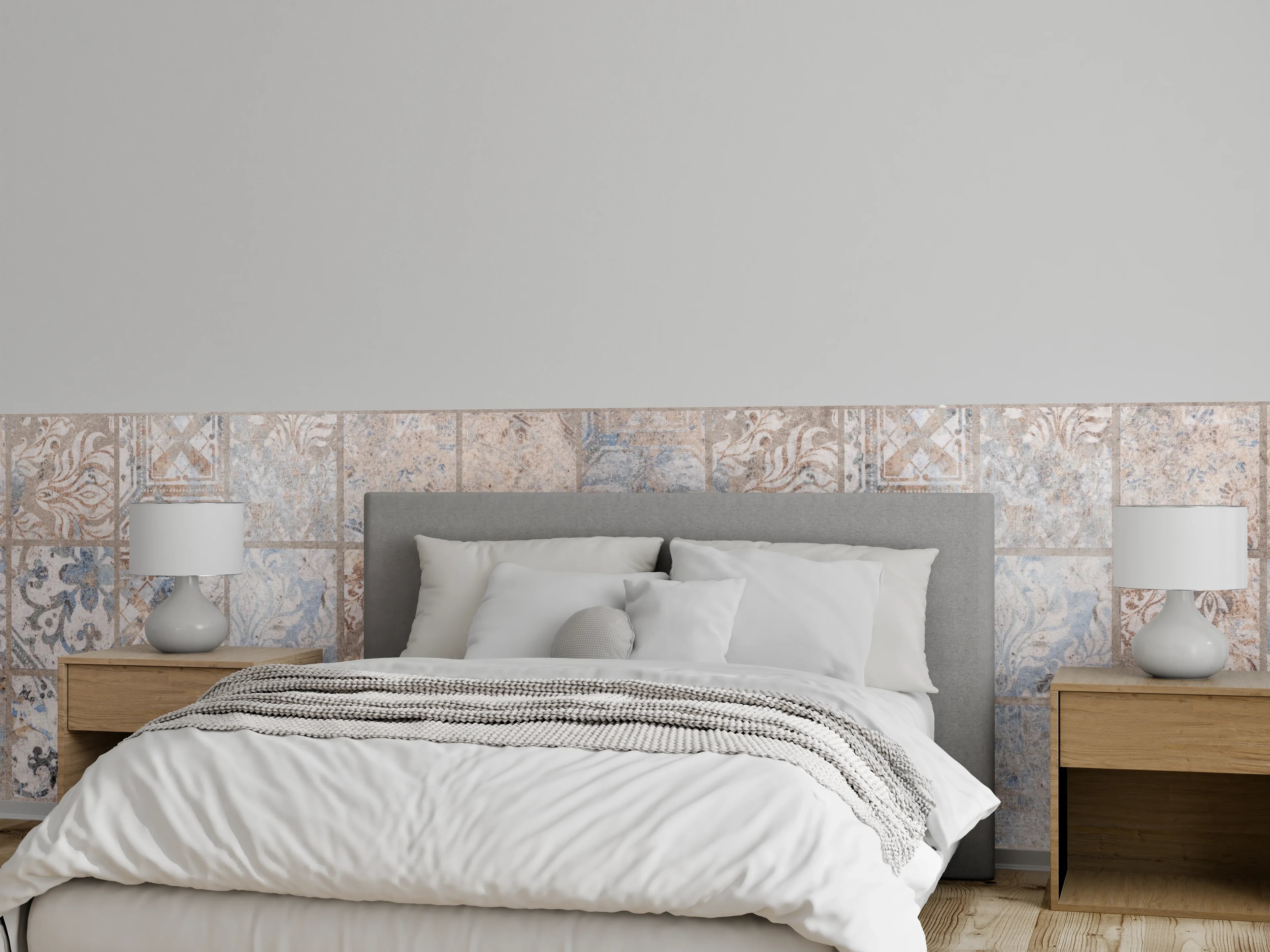 Wandverkleidung Schlafzimmer - Altes blau-braun Patchwork Motiv