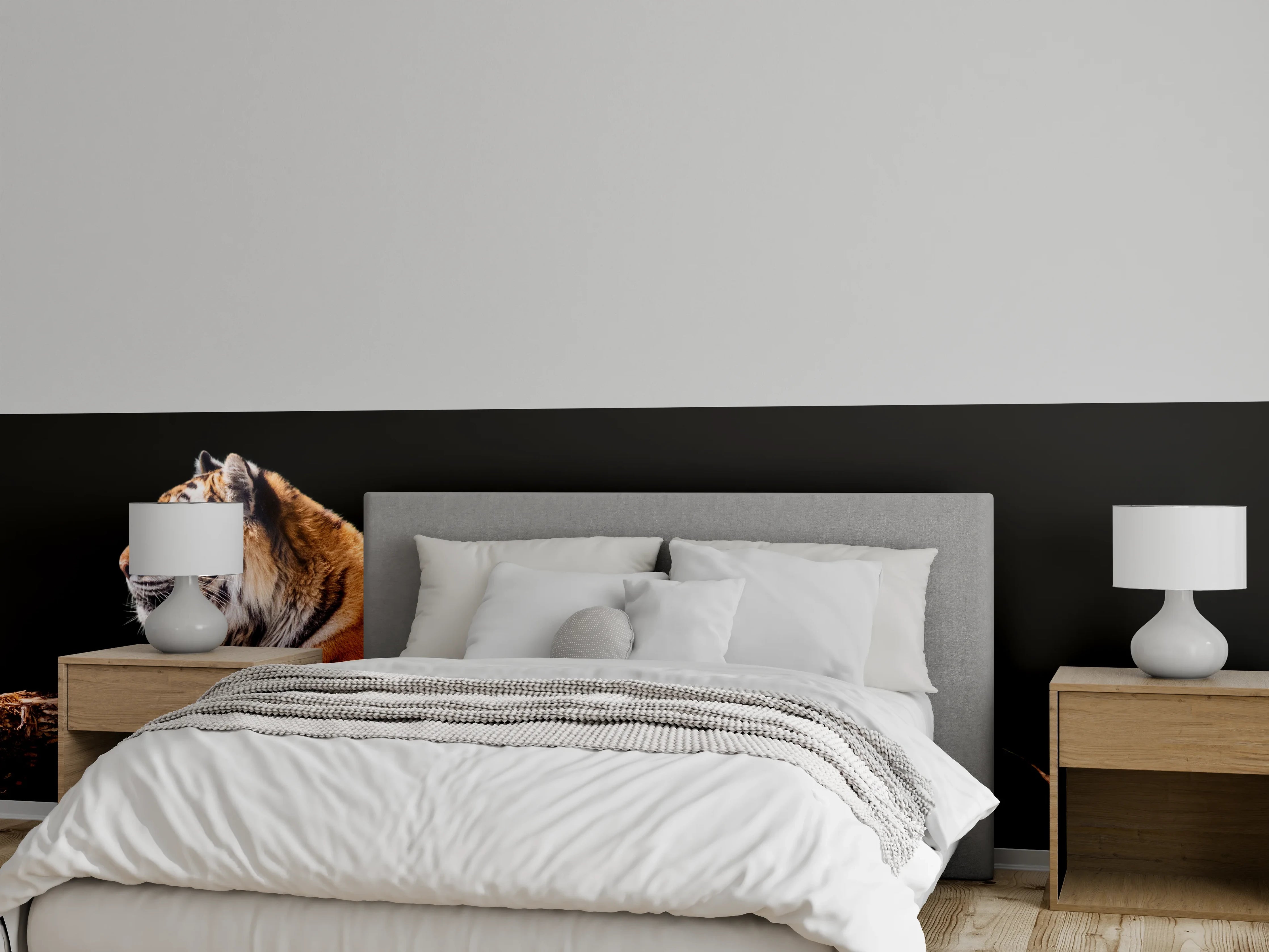 Wandverkleidung Schlafzimmer - Amurtiger liegend auf Holzdeck mit Schwarzem Hintergrund