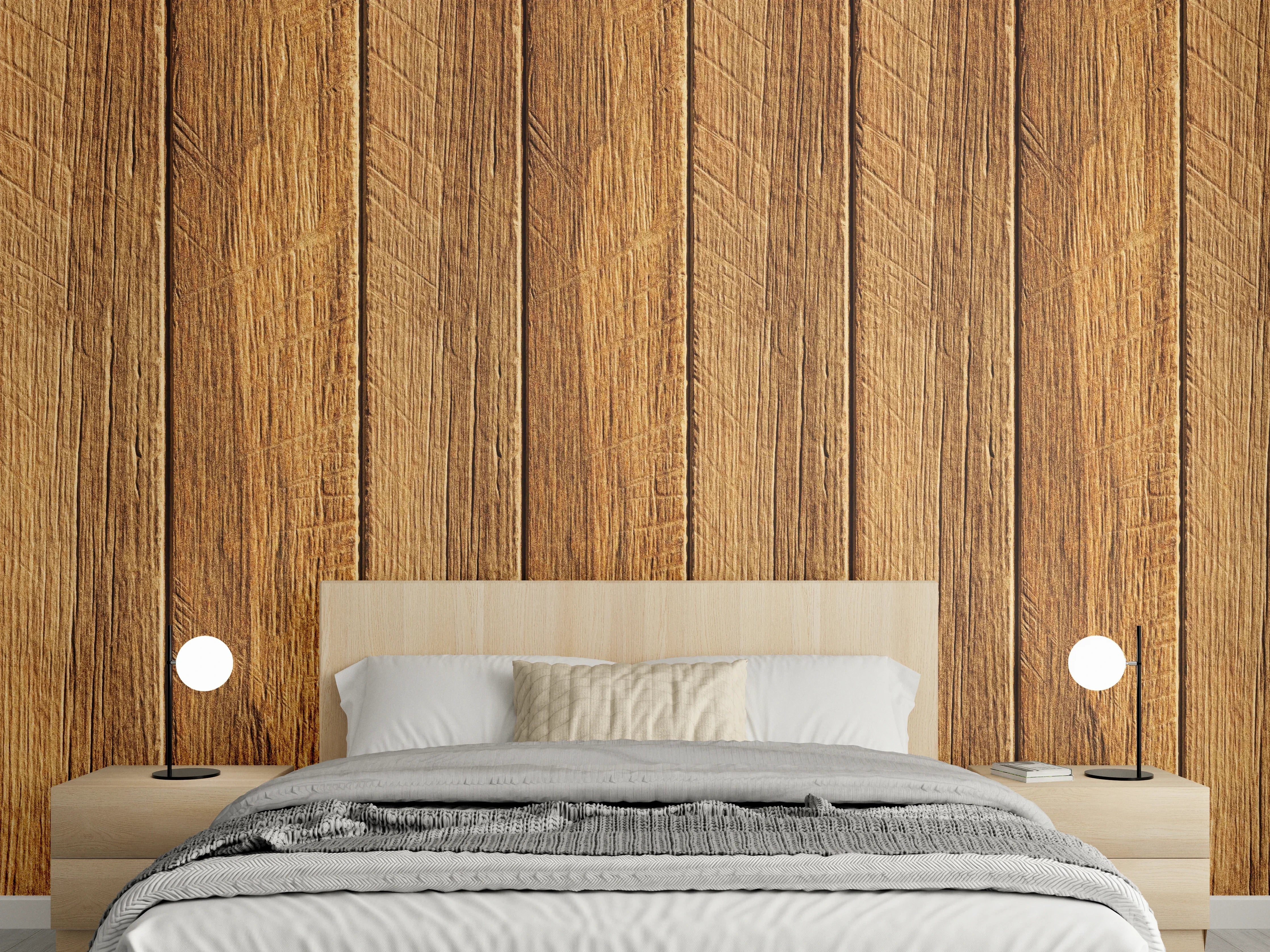 Wandverkleidung Schlafzimmer - Aneinandergereihte braune Holzplanken