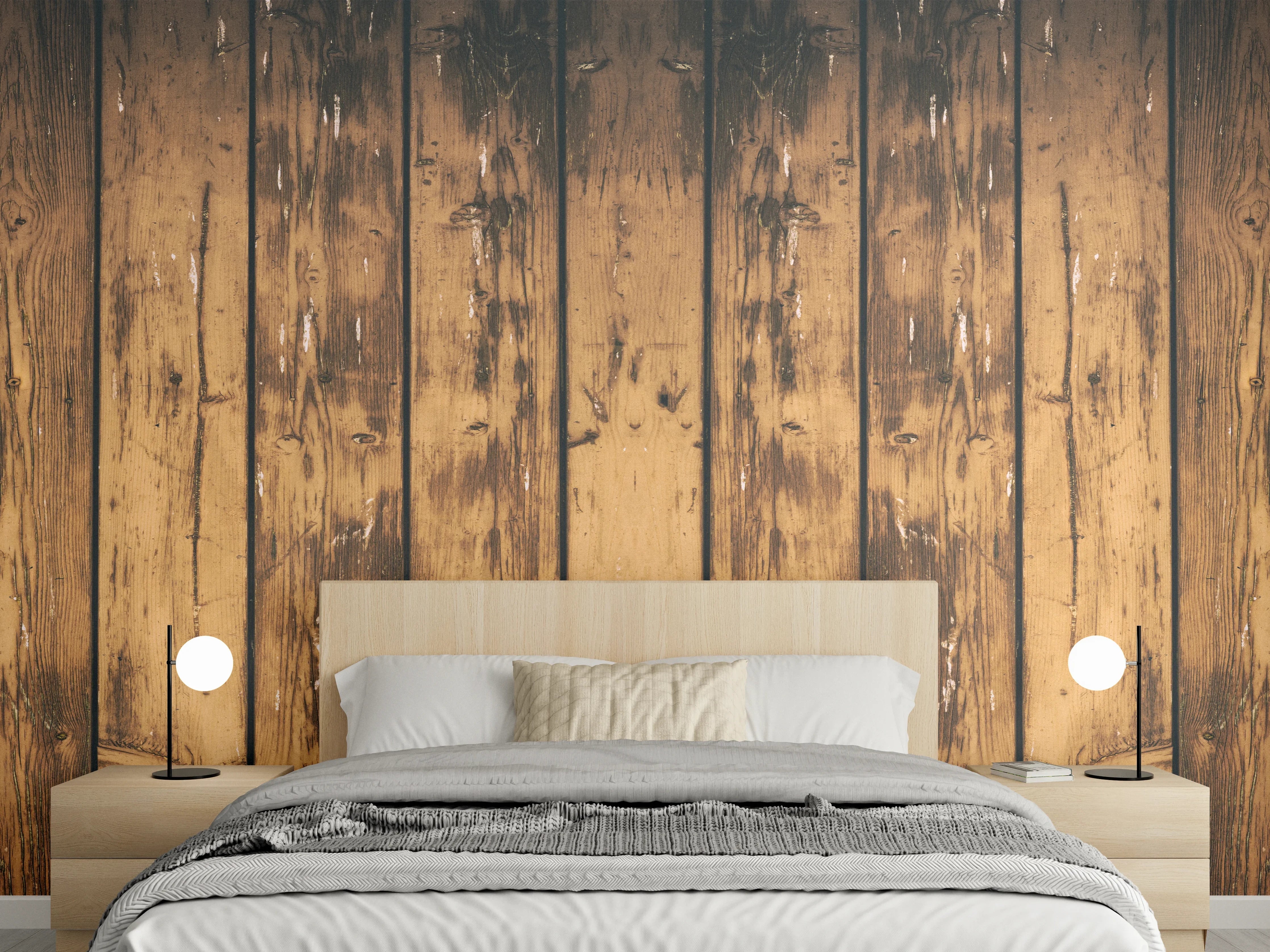 Wandverkleidung Schlafzimmer - Aneinandergereihte leicht angebrannte Holzplatten