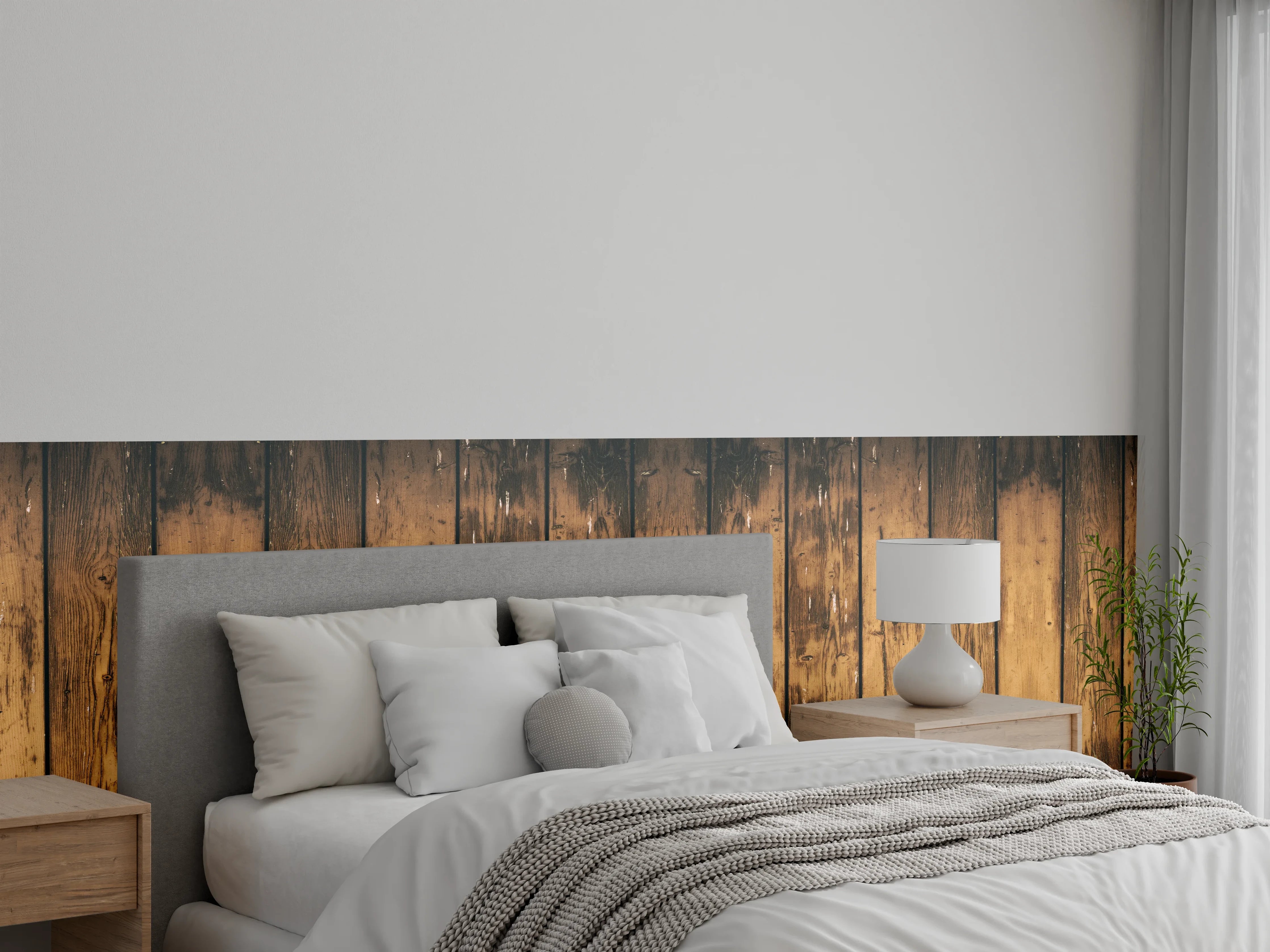Wandverkleidung Schlafzimmer - Aneinandergereihte leicht angebrannte Holzplatten