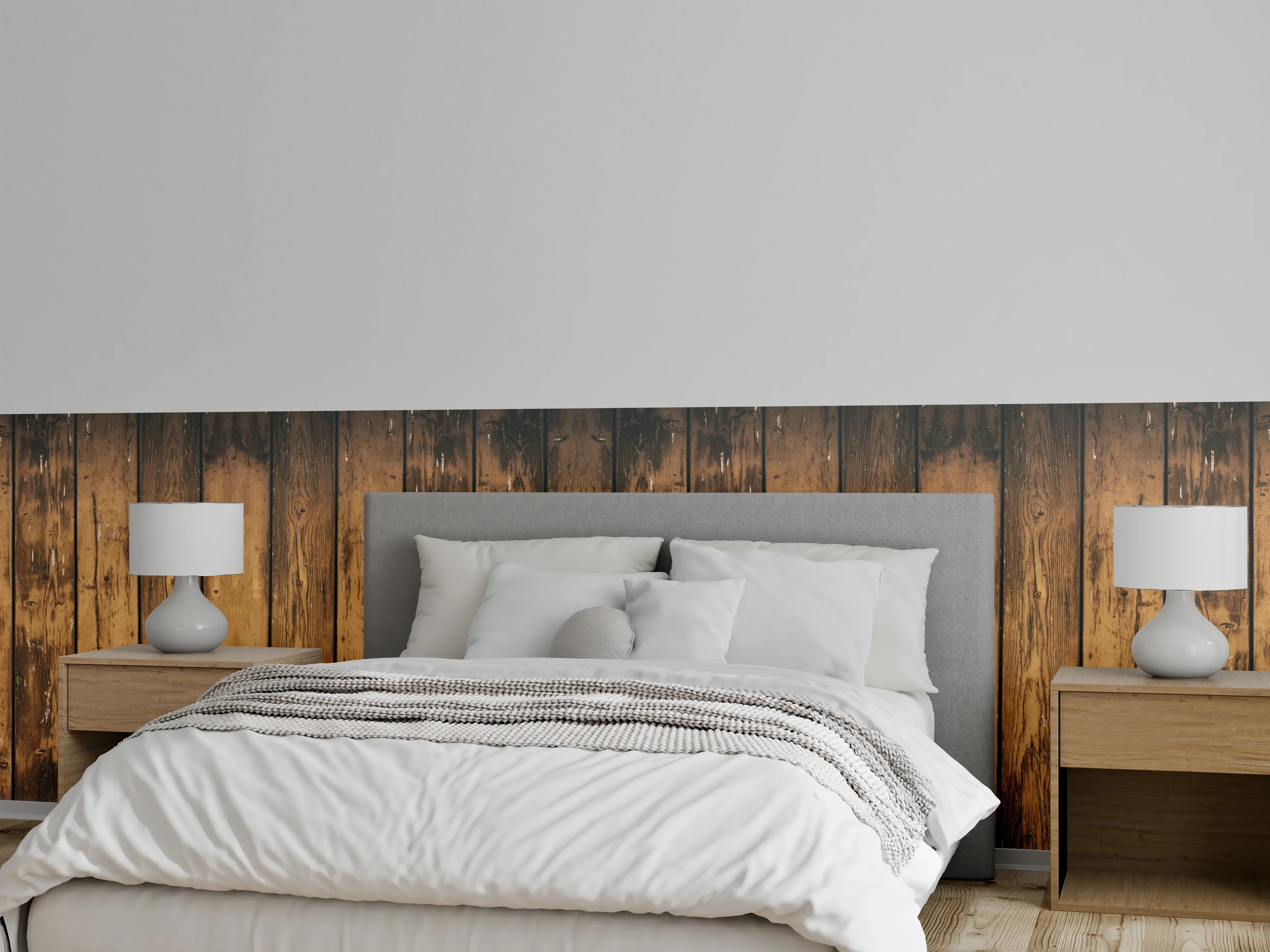 Wandverkleidung Schlafzimmer - Aneinandergereihte leicht angebrannte Holzplatten