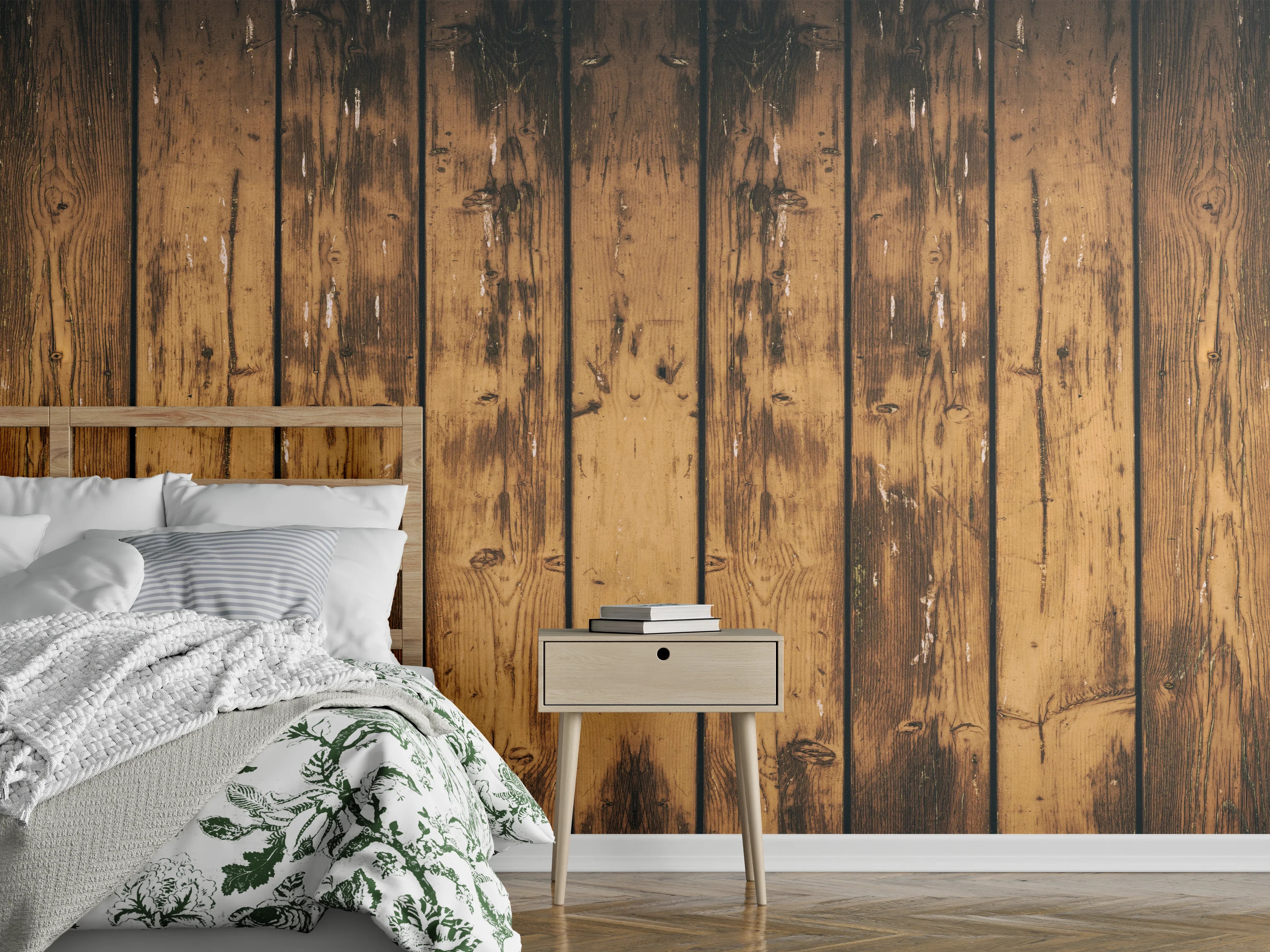 Wandverkleidung Schlafzimmer - Aneinandergereihte leicht angebrannte Holzplatten